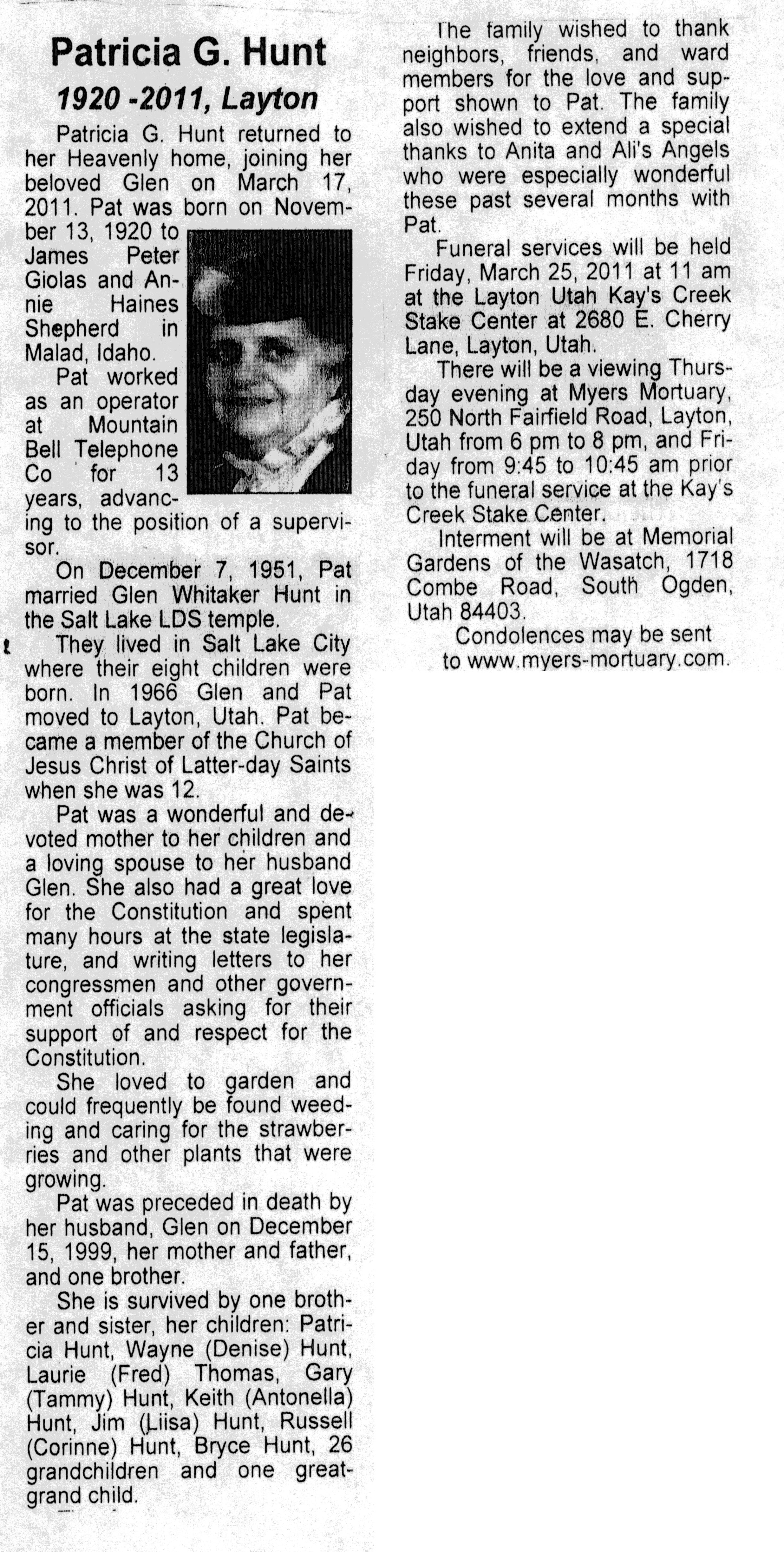 Patricia G Hunt obit