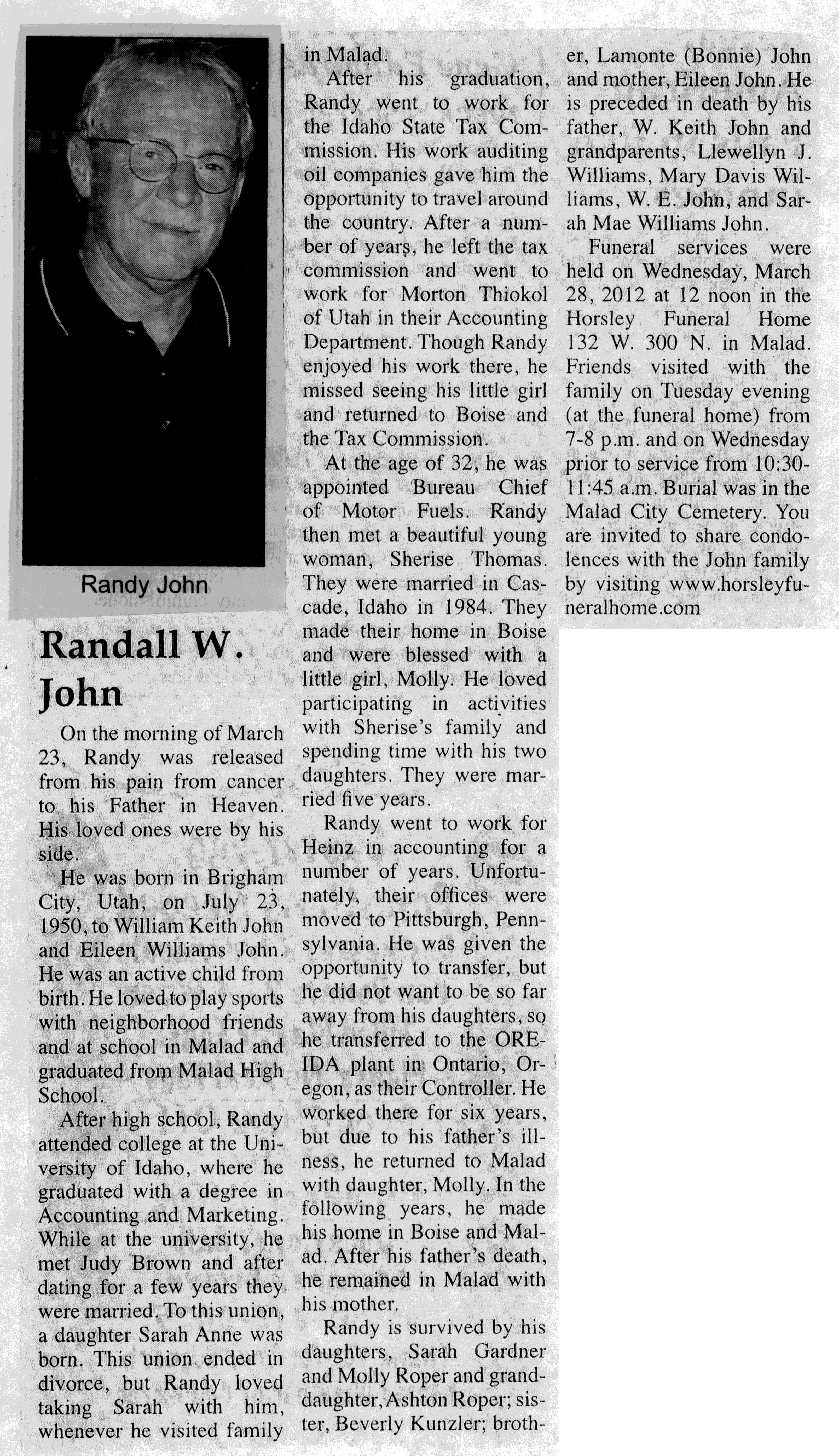 Randall W John obit