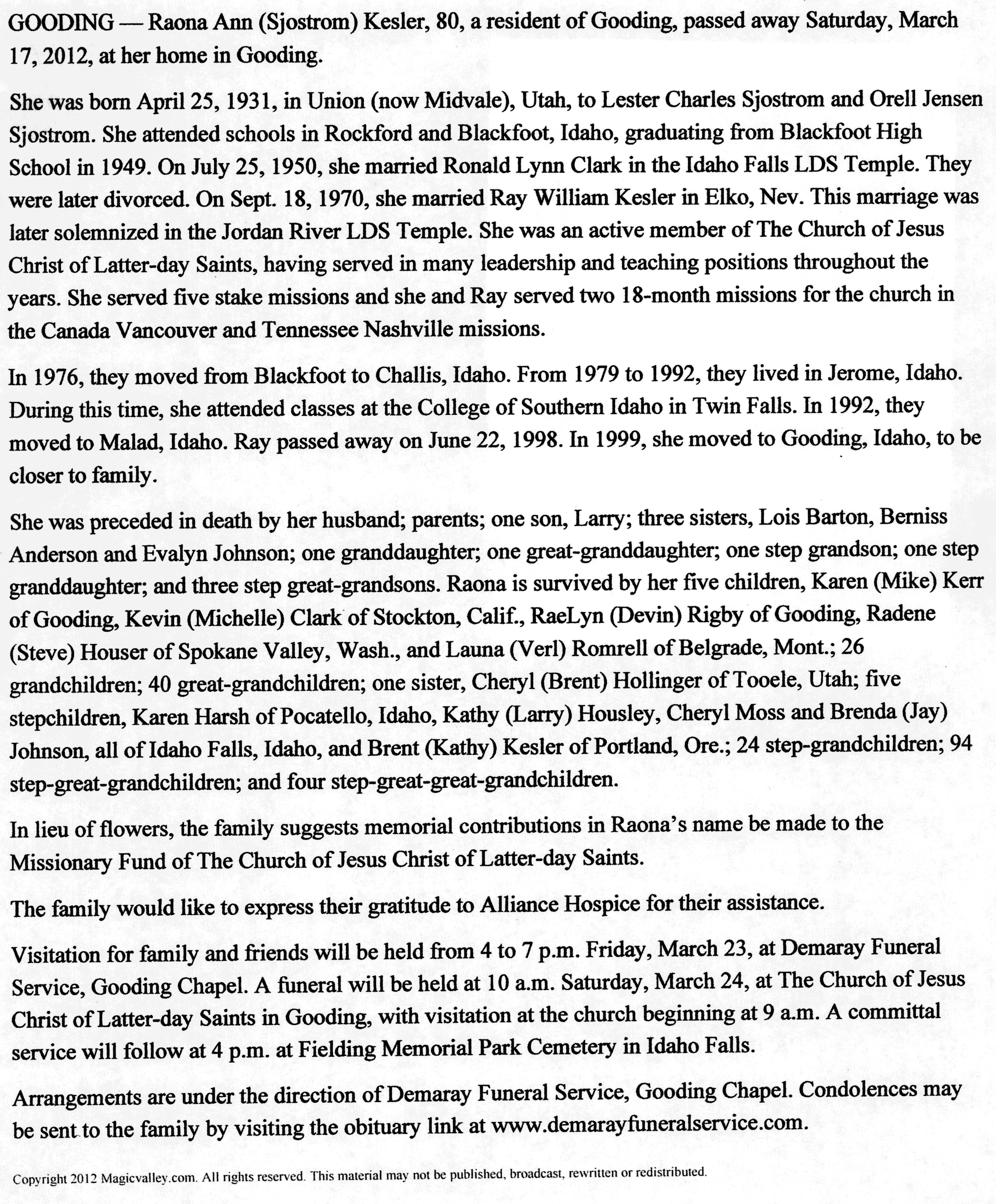 Raona Ann Sjostrom Kesler obit
