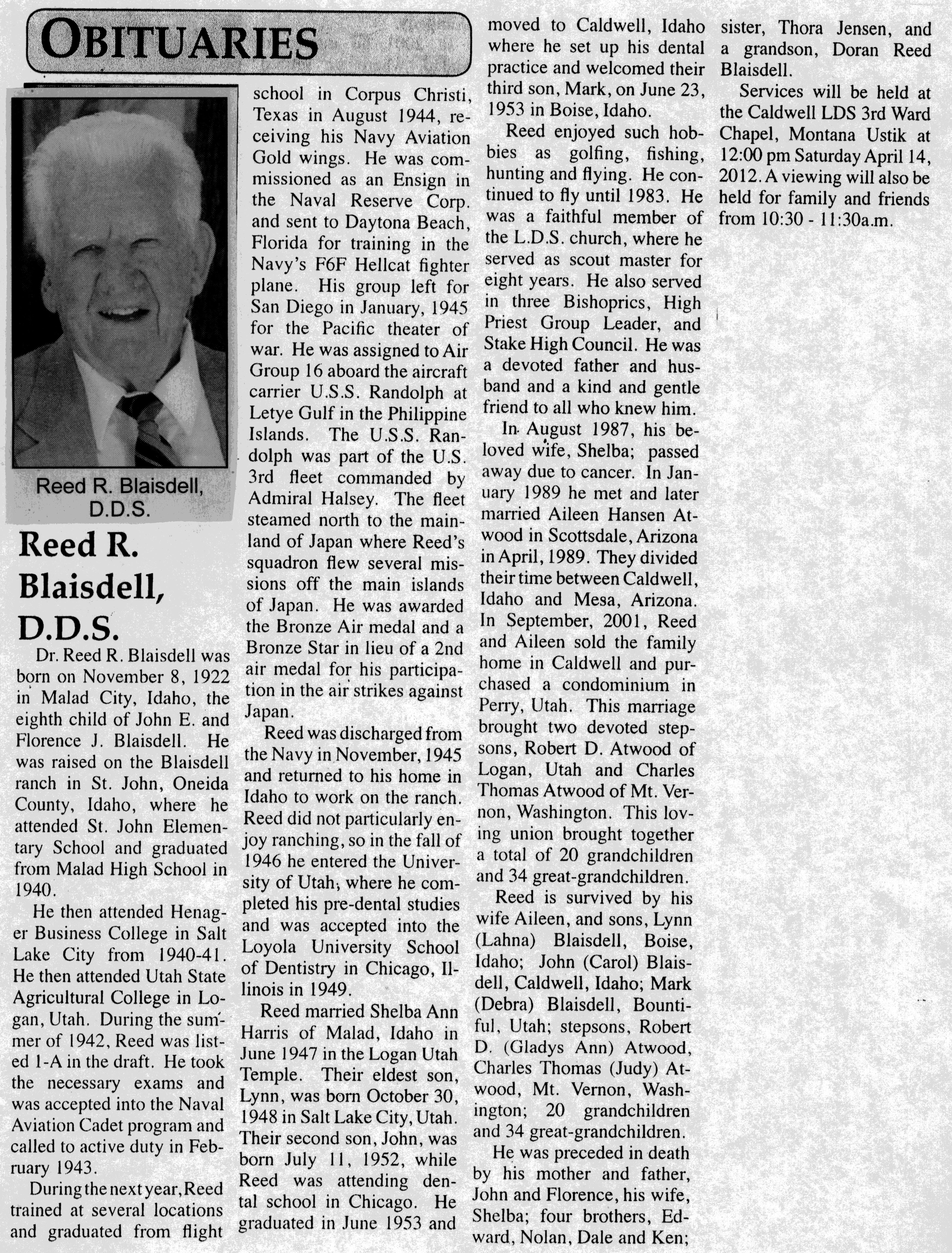 Reed R Blaisdell DDS obit