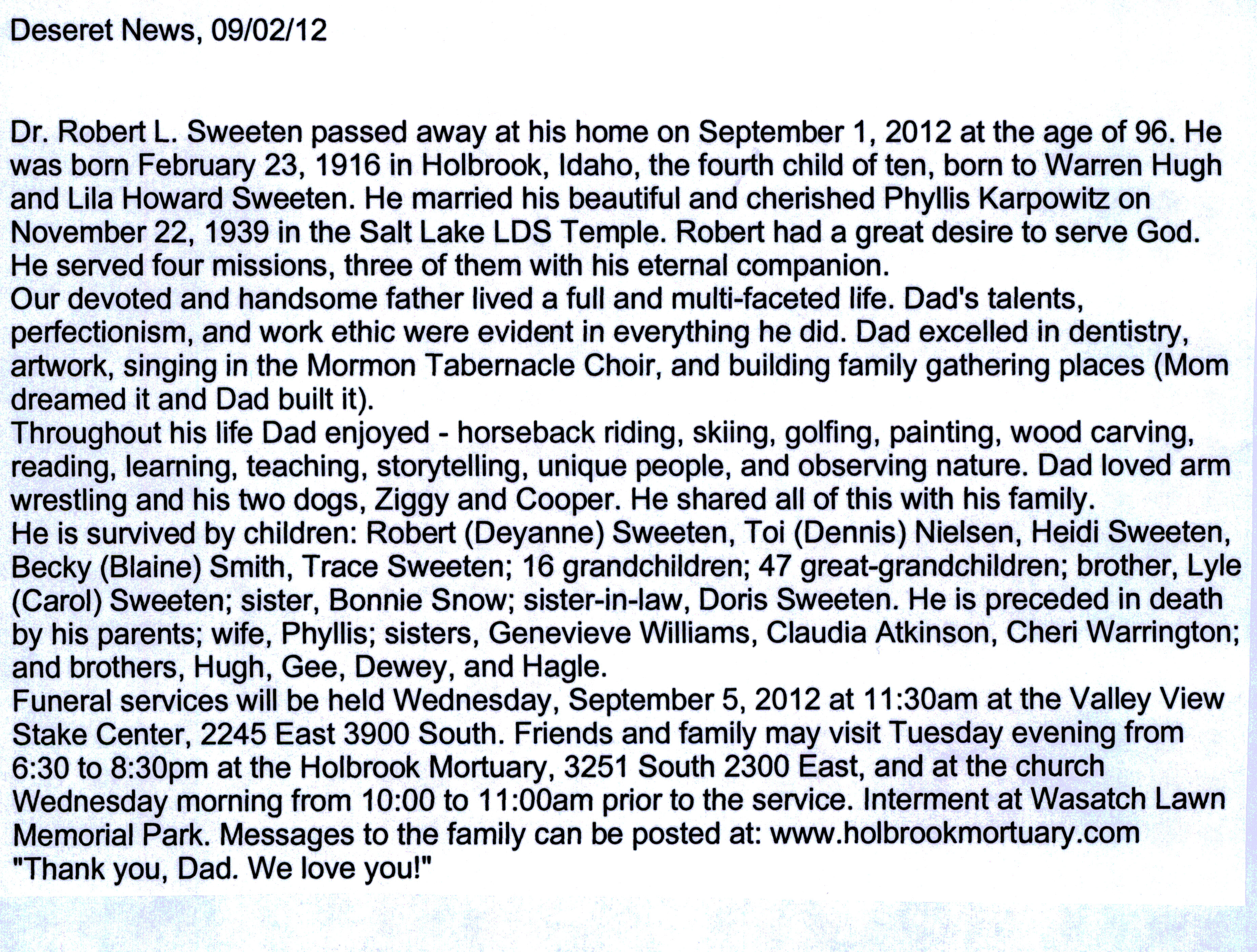 Robert LaMoyne Sweeten obit