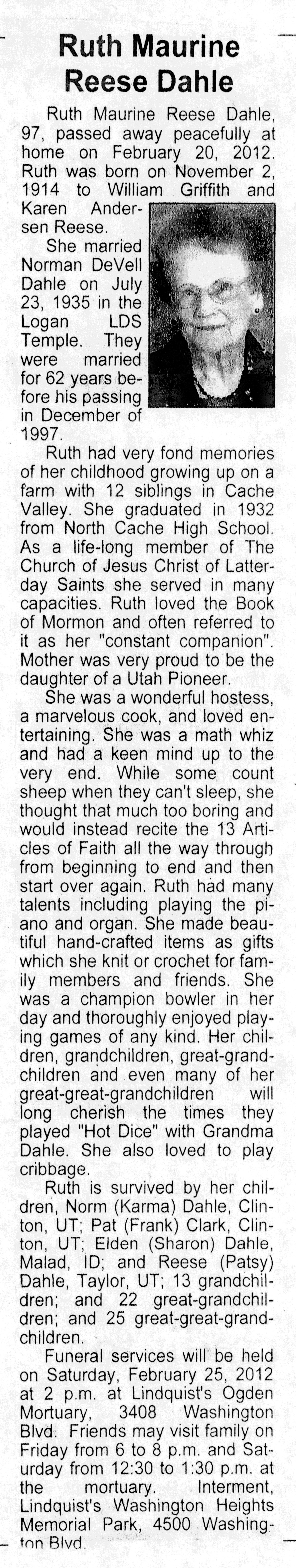 Ruth Maurine Reese Dahle obit