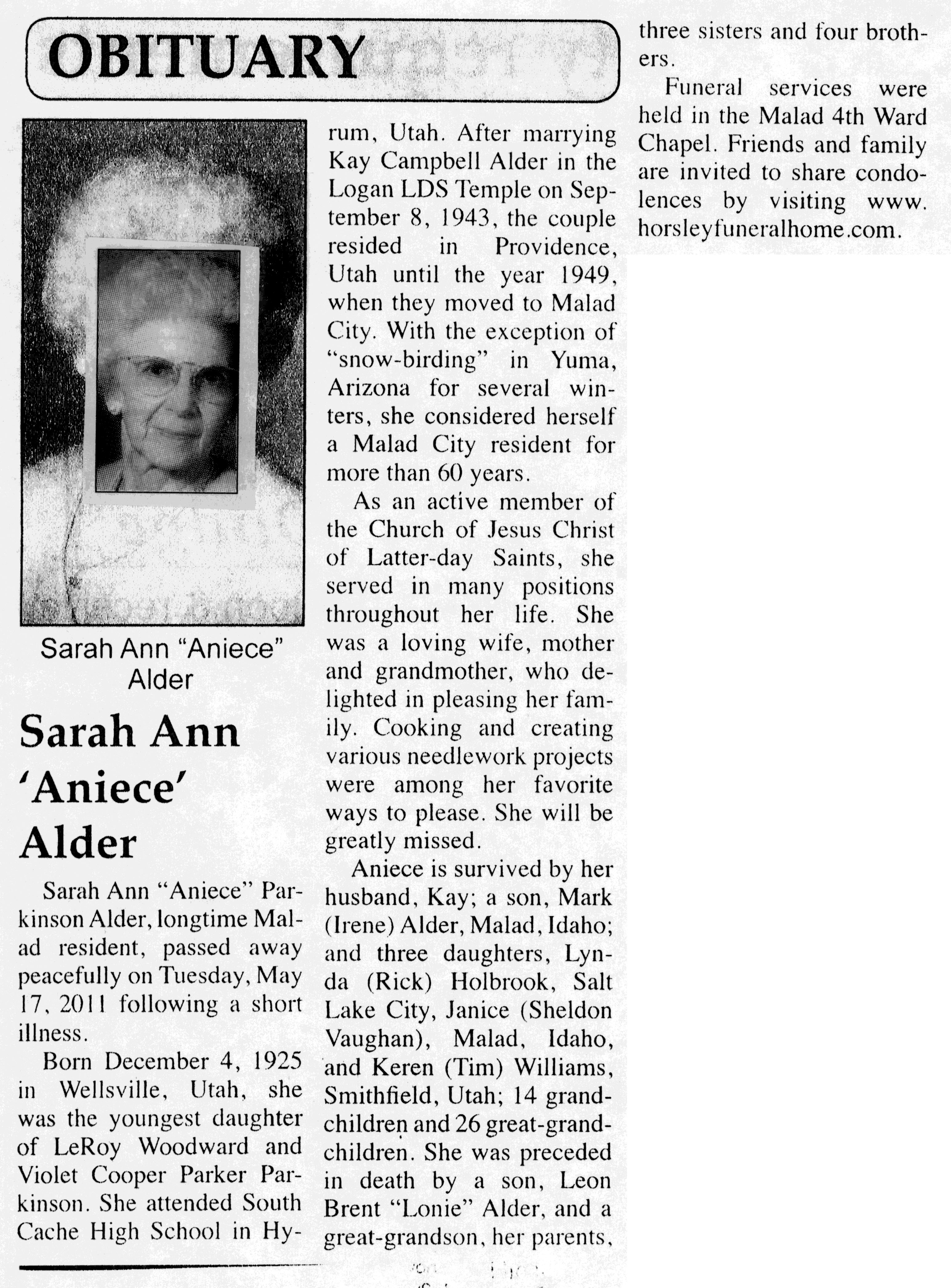 Sarah Ann (Aniece) Alder obit