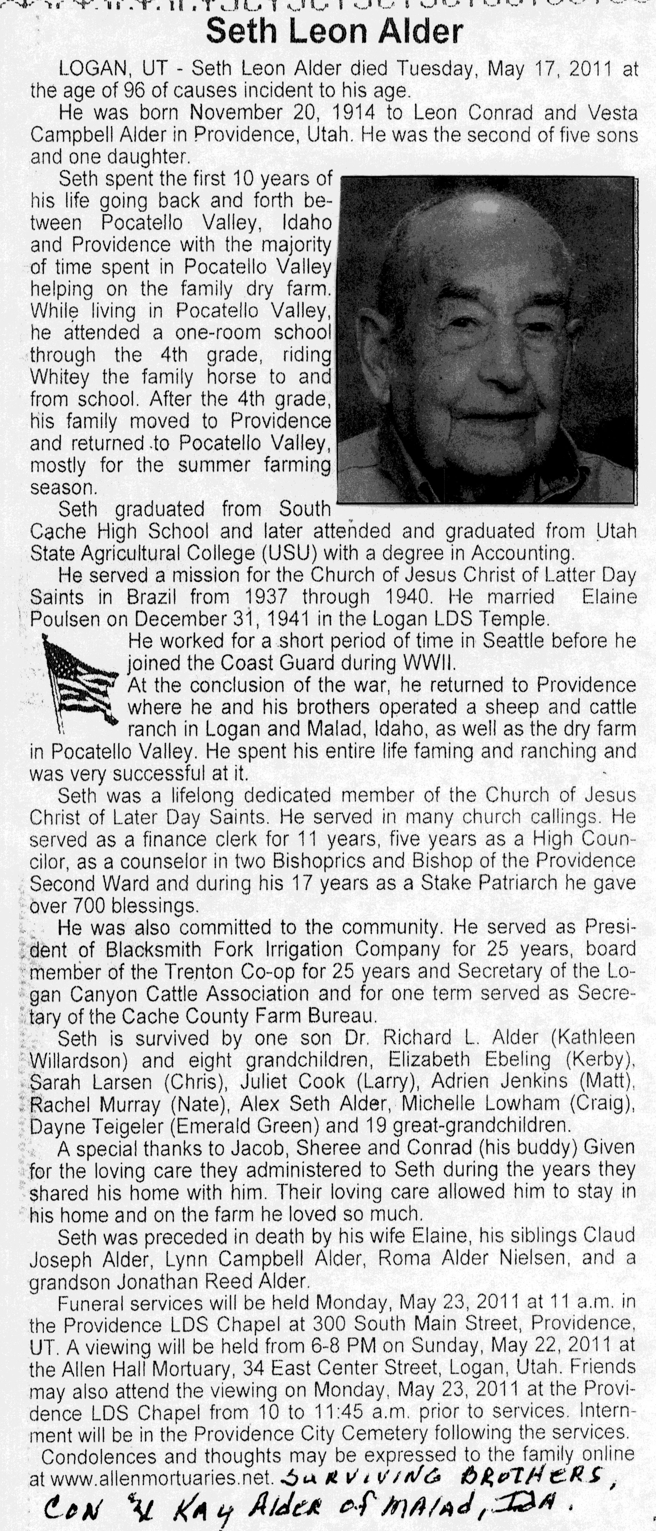 Seth Leon Alder obit