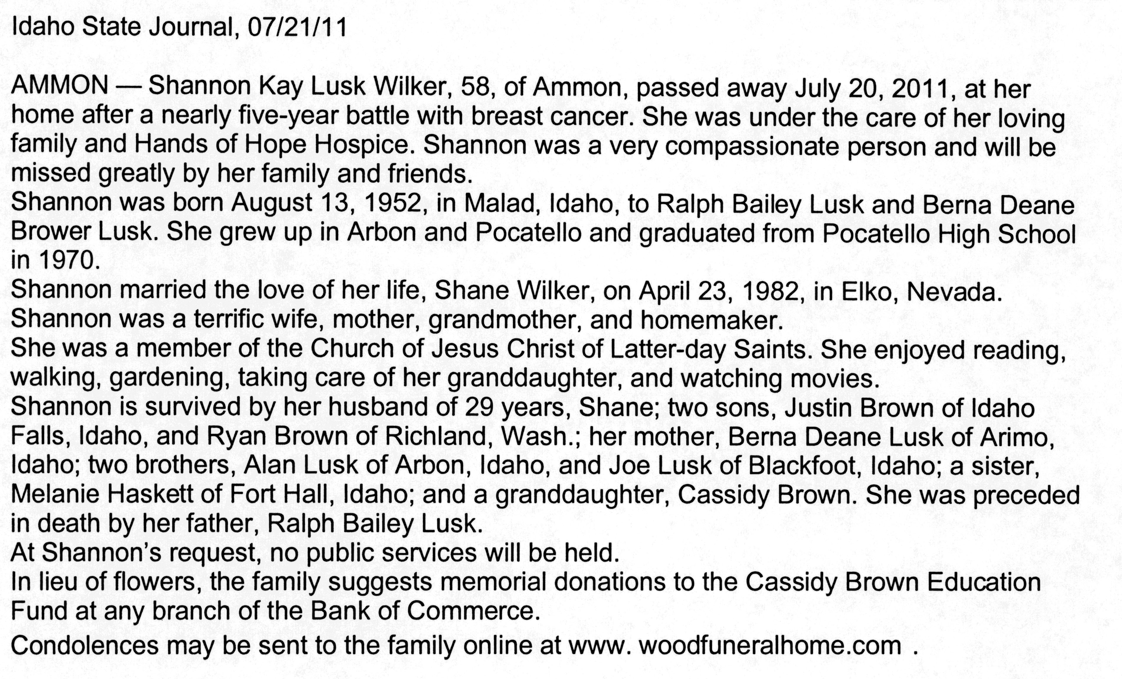 Shannon Kay Lusk Wilker obit
