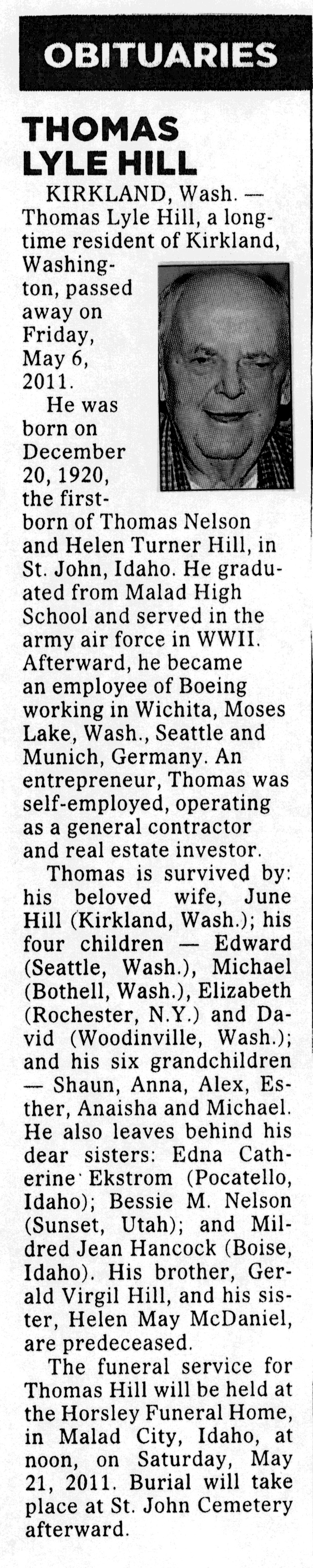 Thomas Lyle Hill obit
