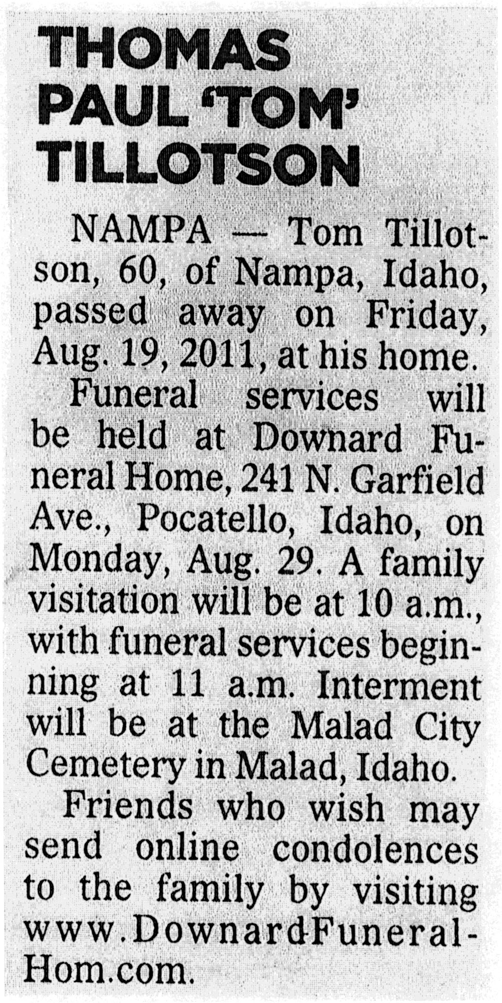 Thomas Paul (Tom) Tillotson funeral notice