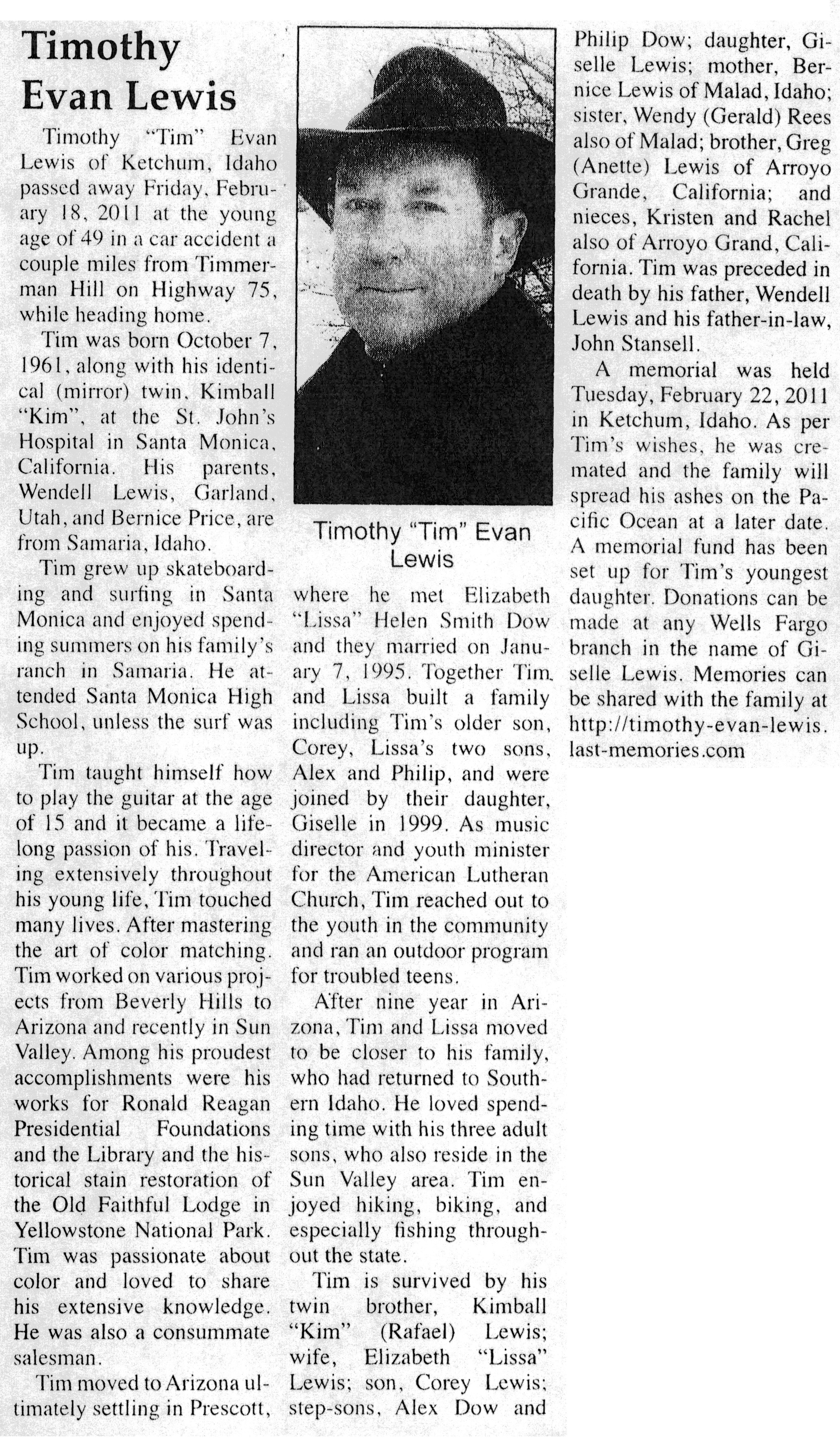 Timothy (Tim) Evan Lewis obit