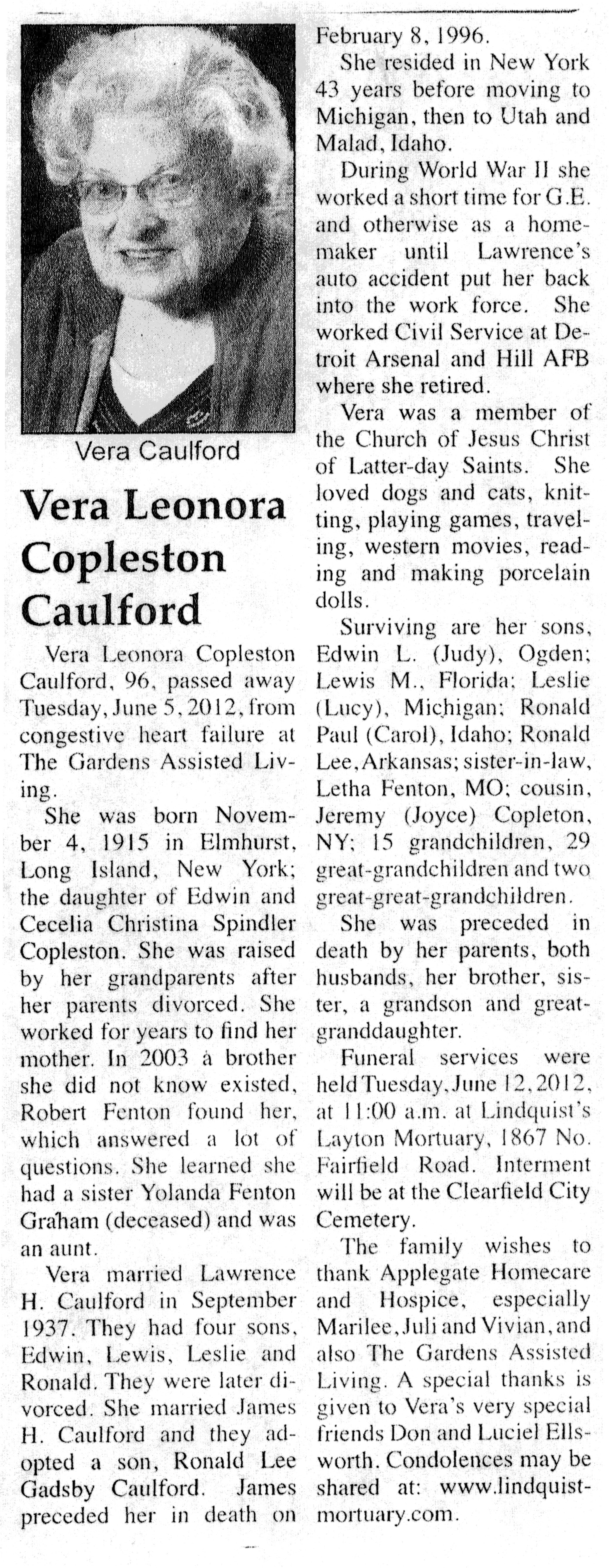 Vera Leonora Copleston Caulford obit