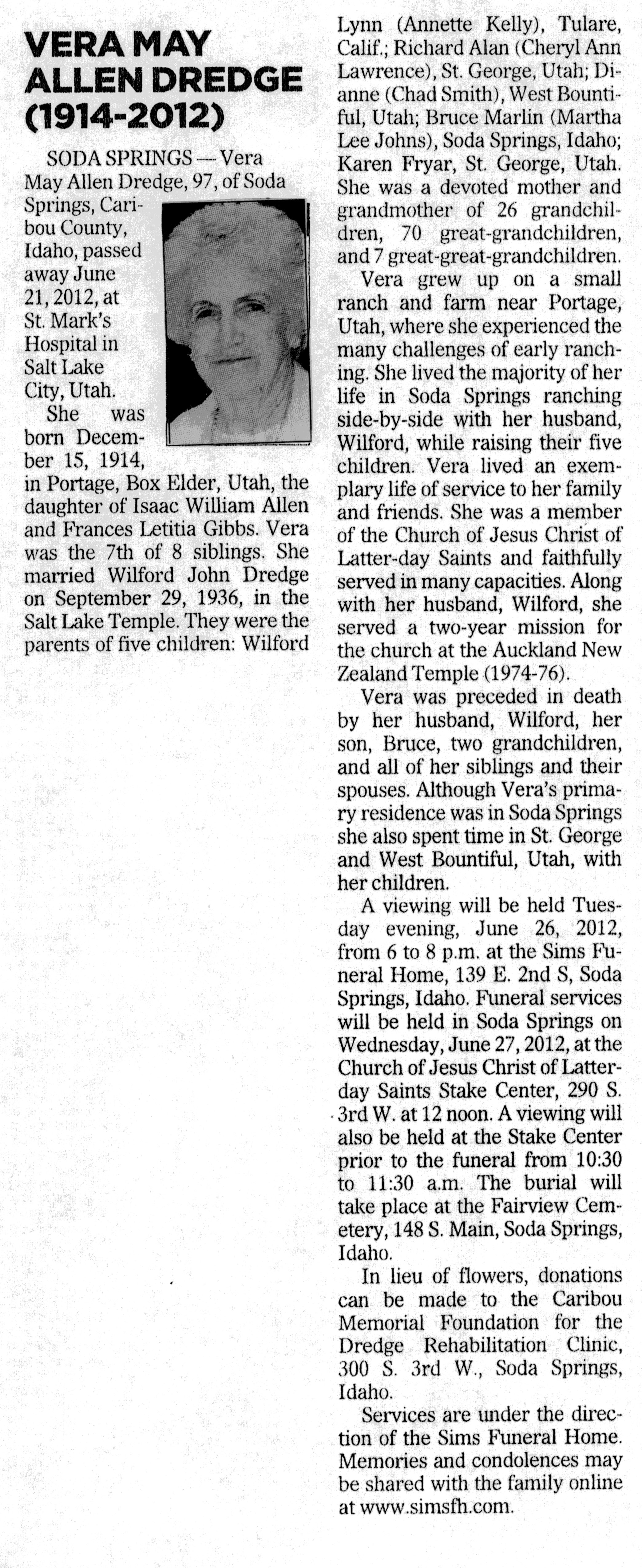 Vera May Allen Dredge obit