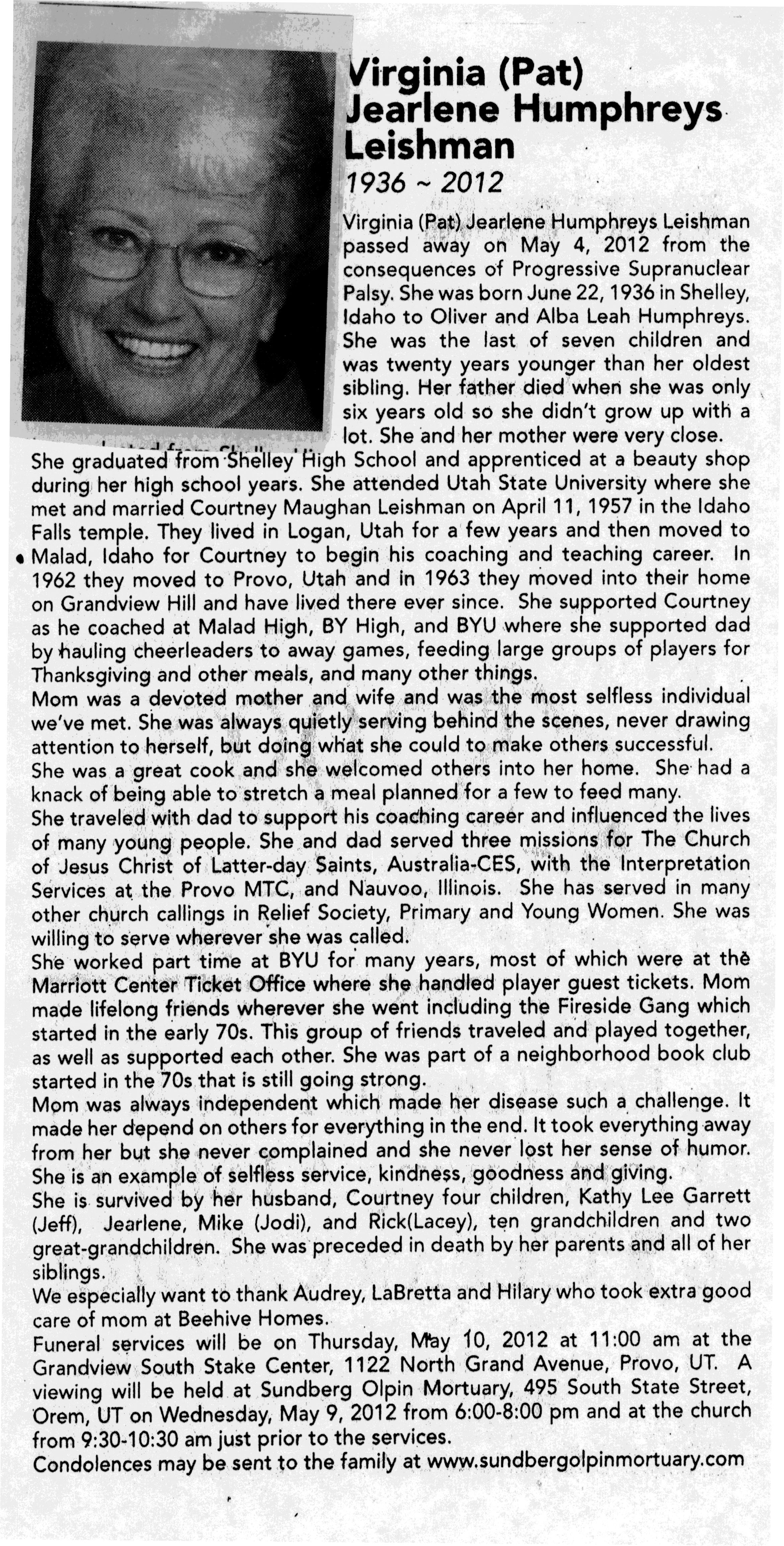 Virginia (Pat) Jearlene Humphreys Leishman obit