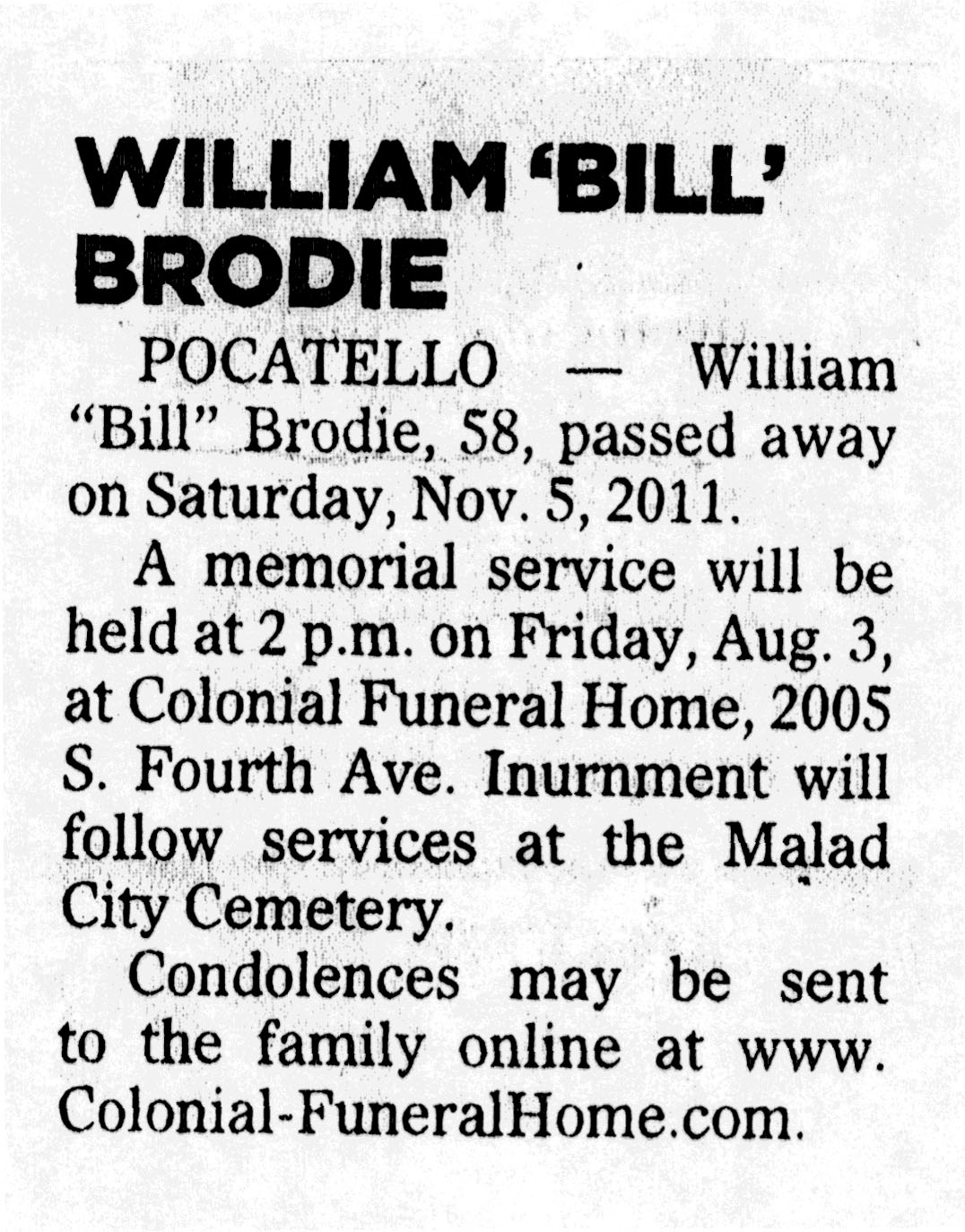 William (Bill) Brodie funeral notice