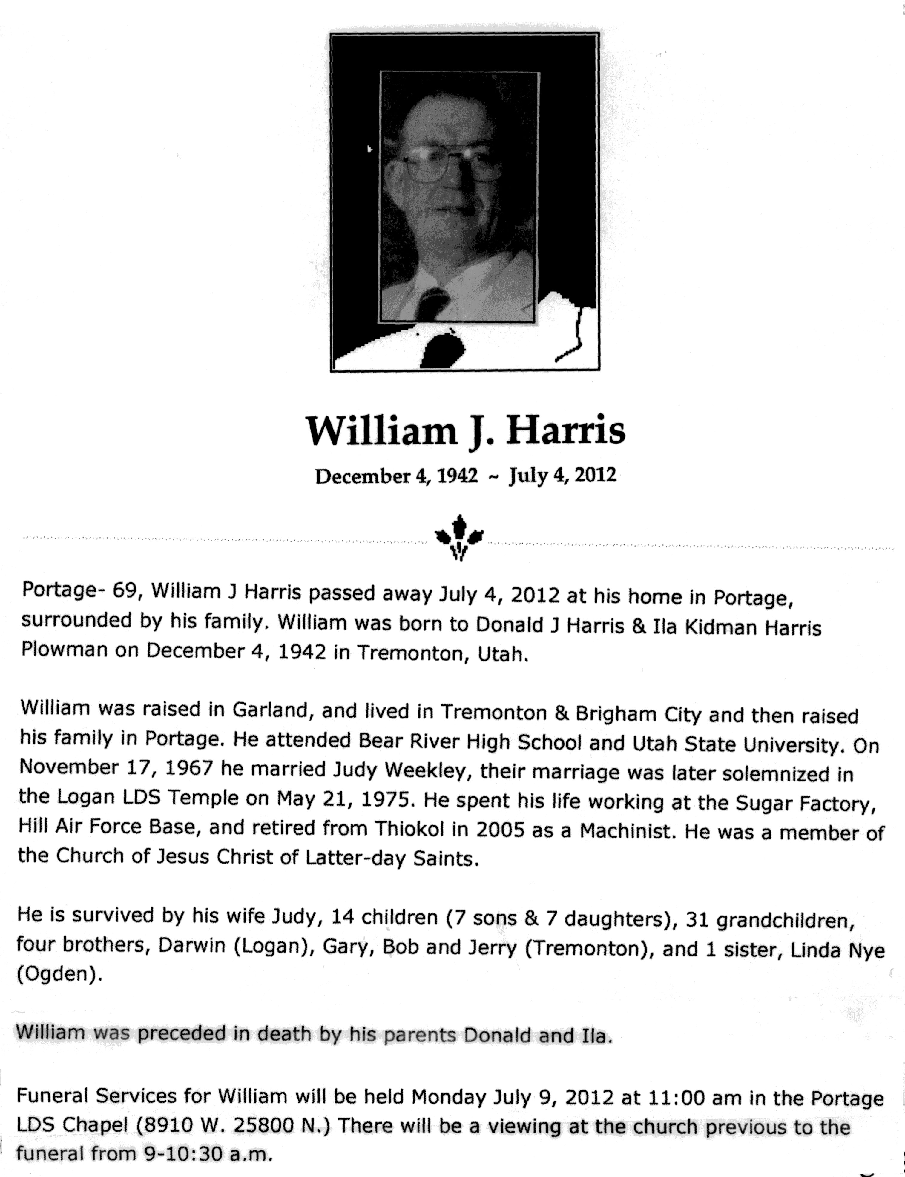 William J Harris obit