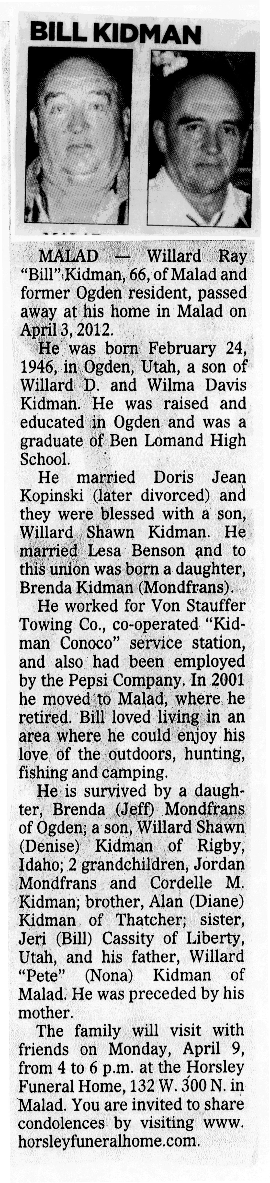 Williard (Bill) Ray Kidman obit