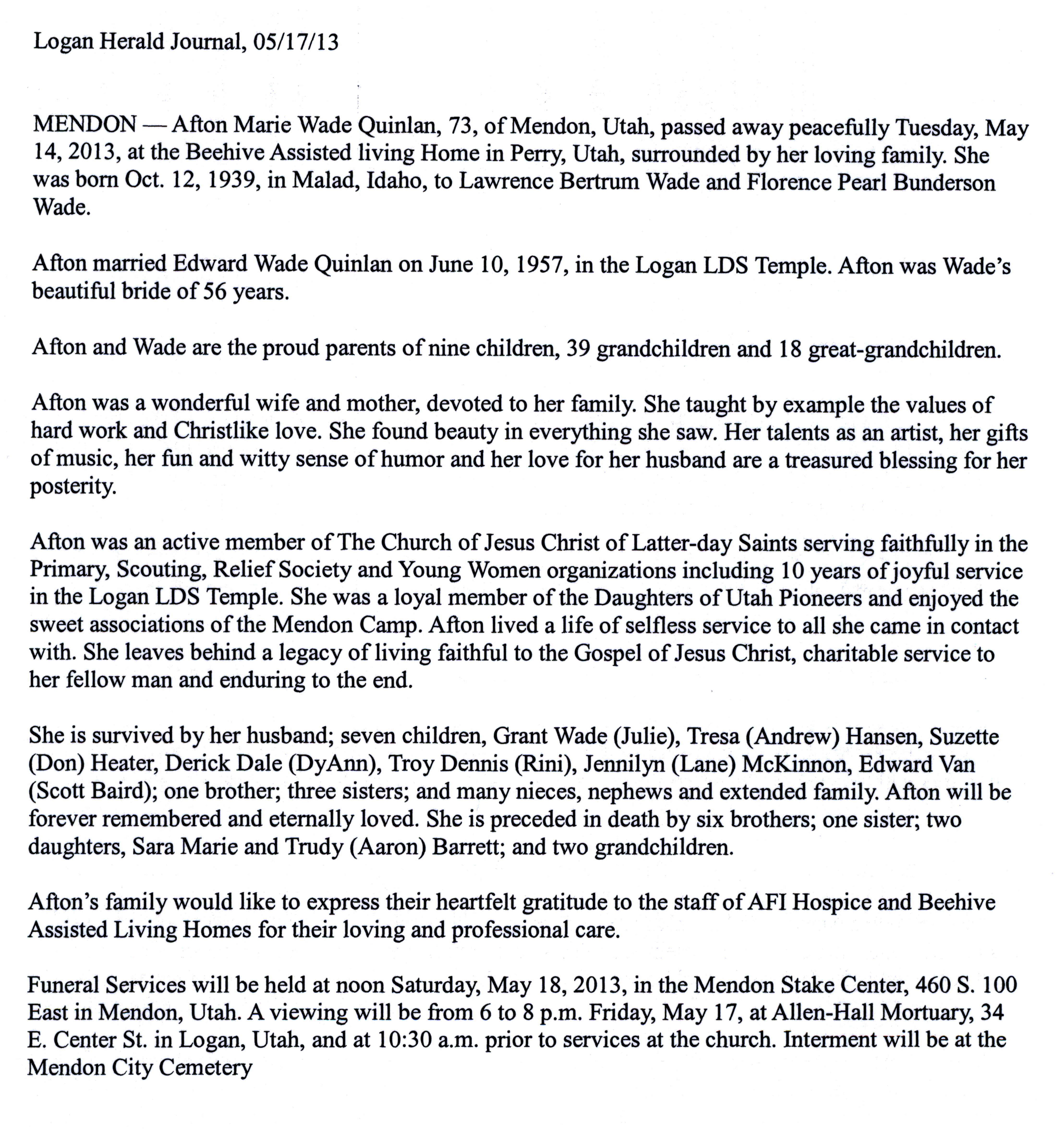 Afton Marie Wade Quinlan obit