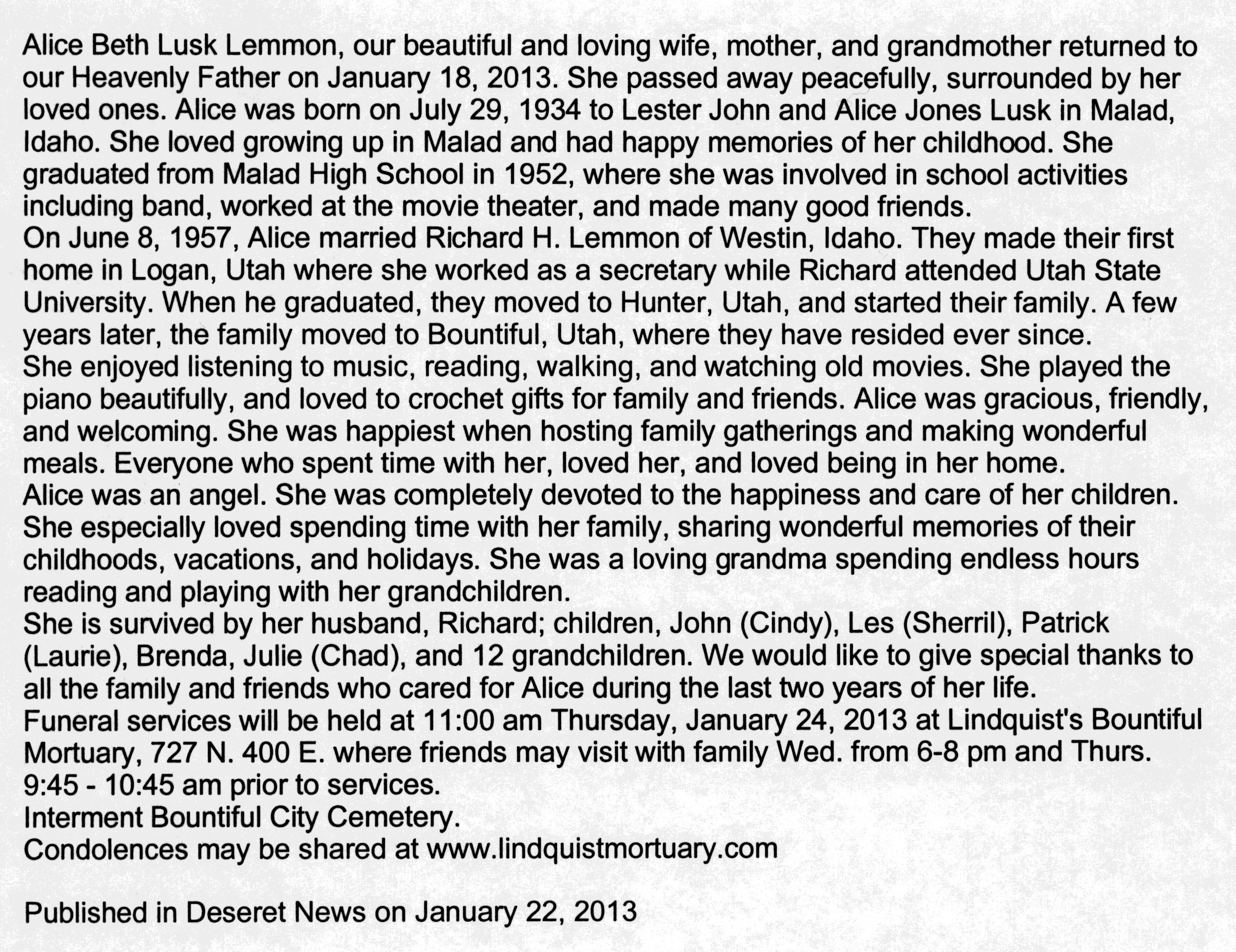 Alice Beth Lusk Lemmon obit