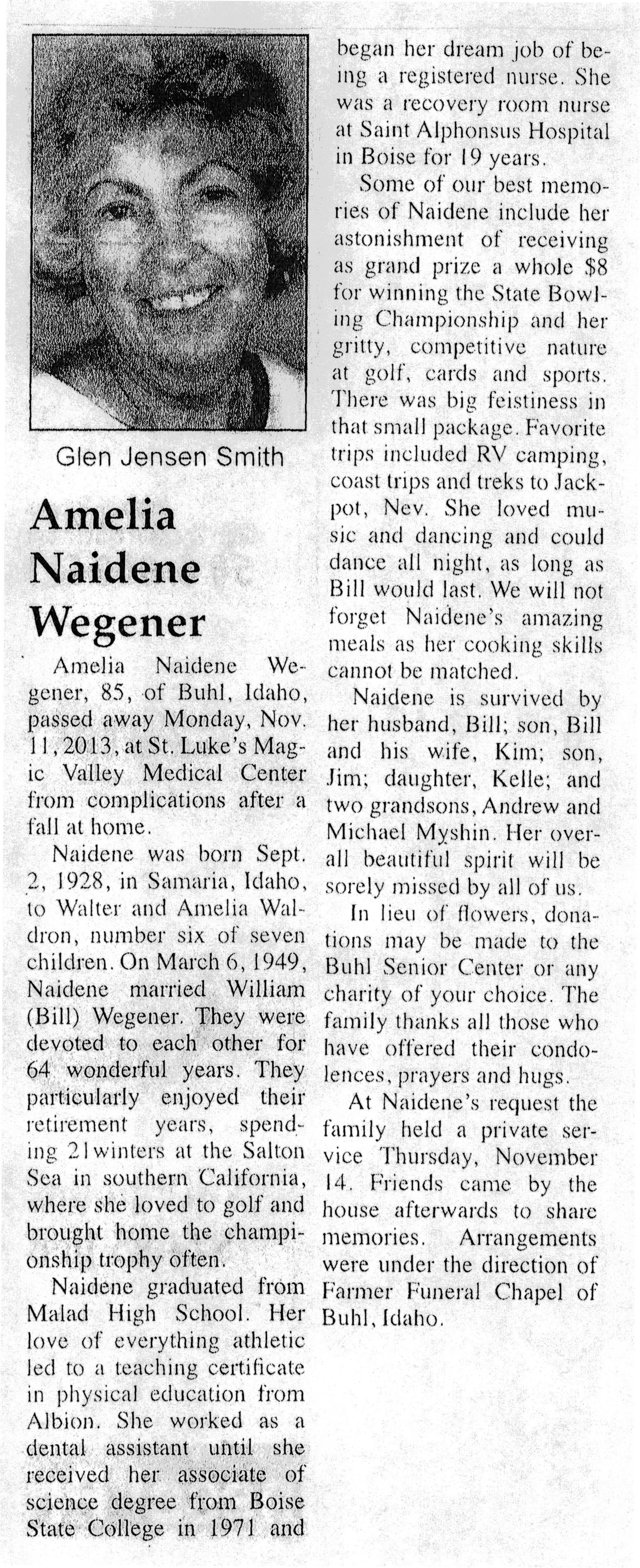 Amelia Naidene Wegener obit