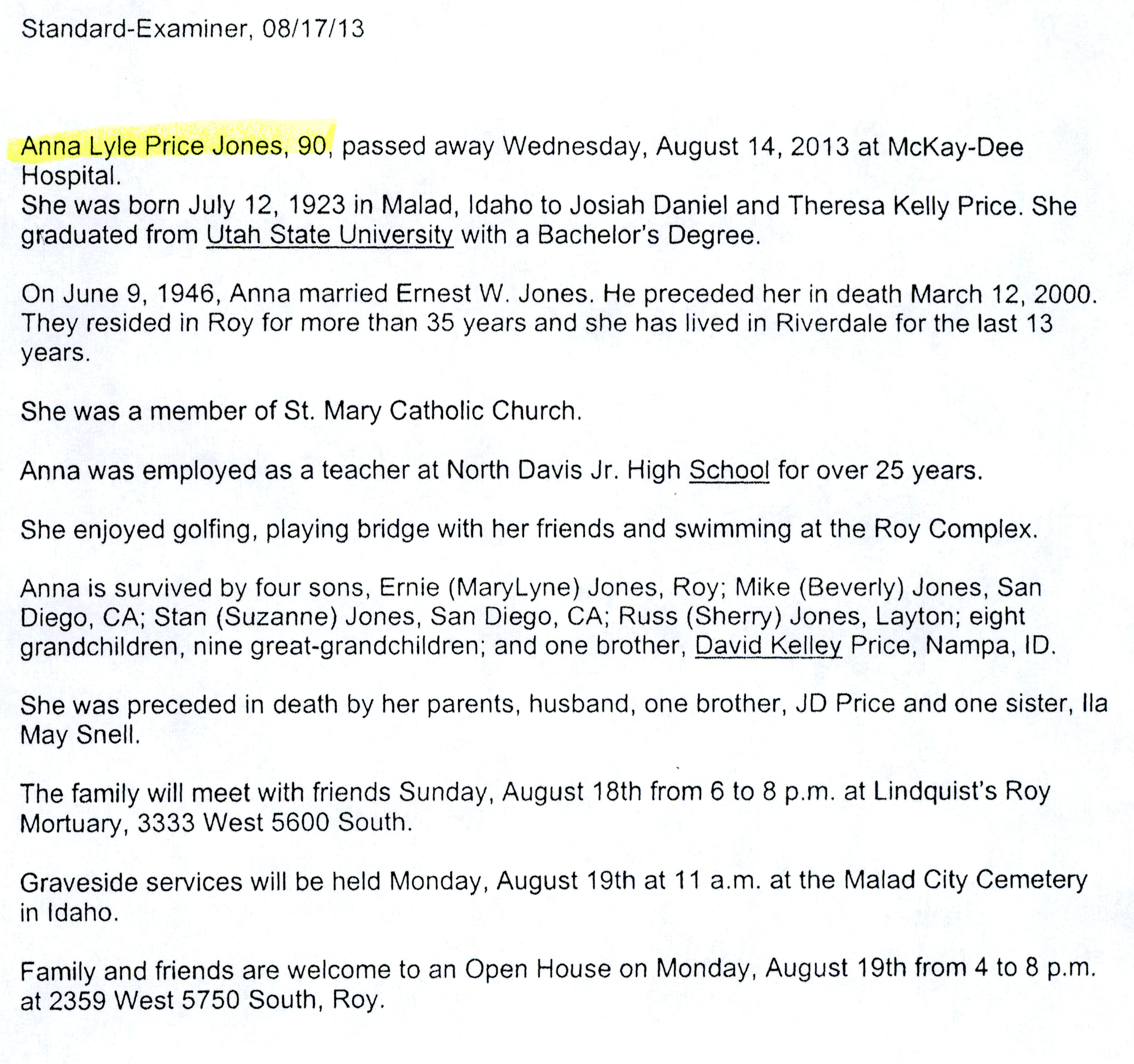Anna Lyle Price Jones obit