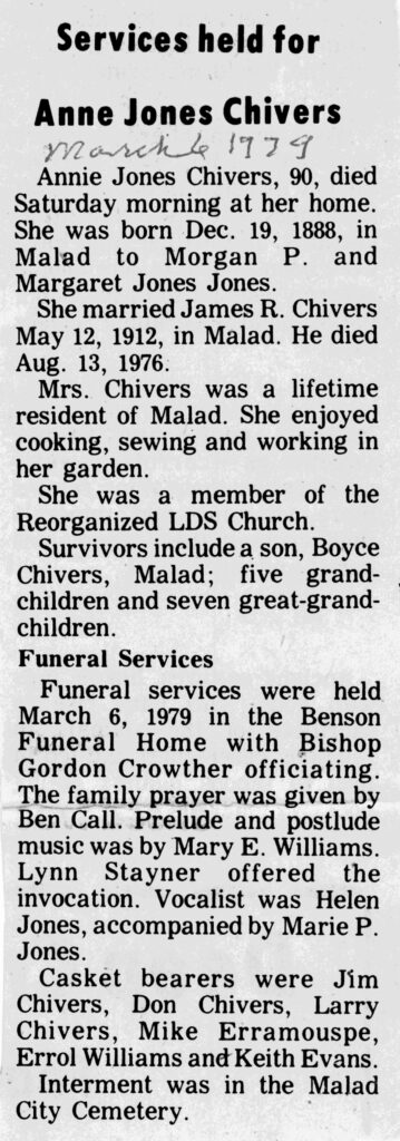 Anne Jones Chivers obit and funeral