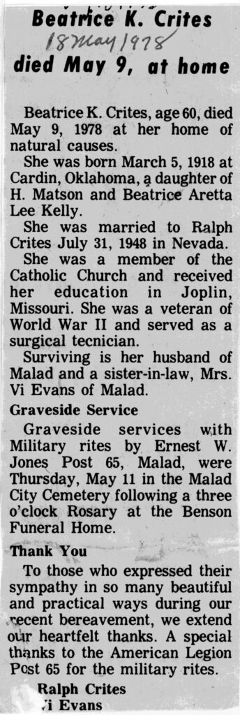 Beatrice K Crites obit