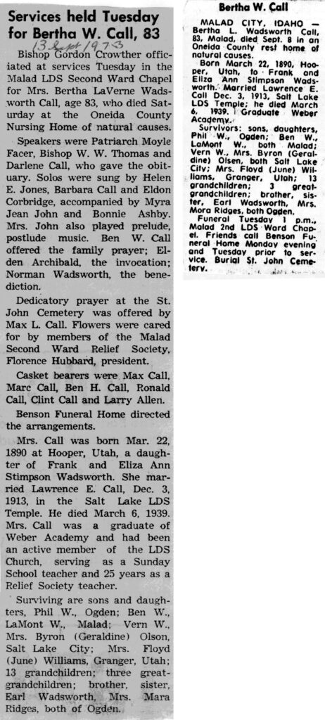 Bertha LaVerne Wadsworth Call obit and funeral