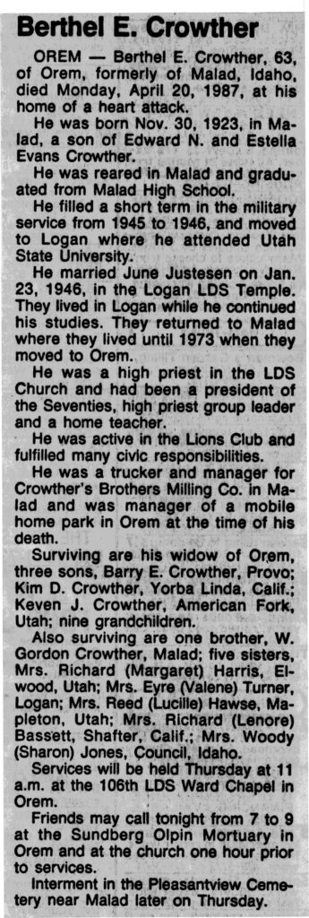 Berthel E Crowther obit