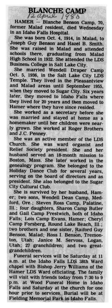 Blance Benson Camp obit