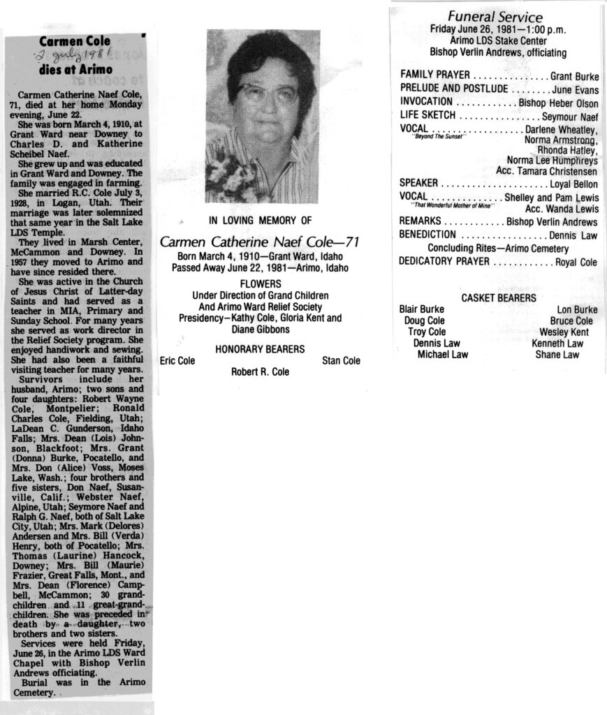 Carmen Catherine Naef Cole obit and program