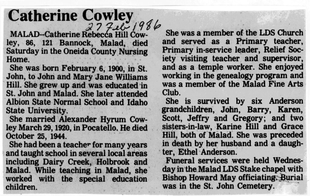 Catherine Rebecca Hill Cowley obit