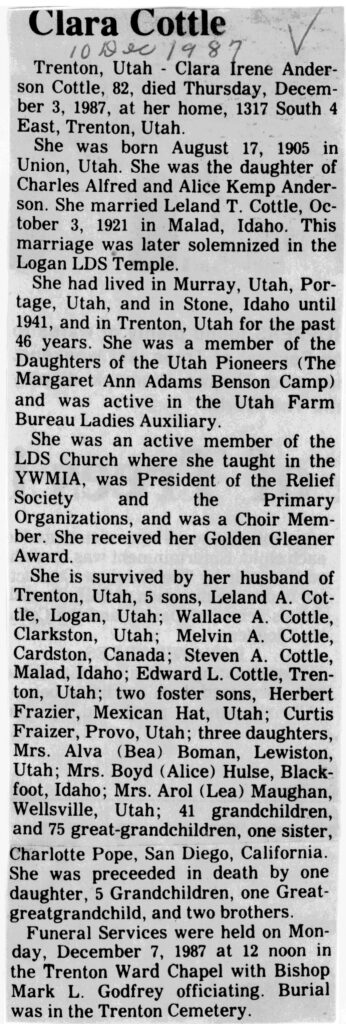 Clara Irene Anderson Cottle obit