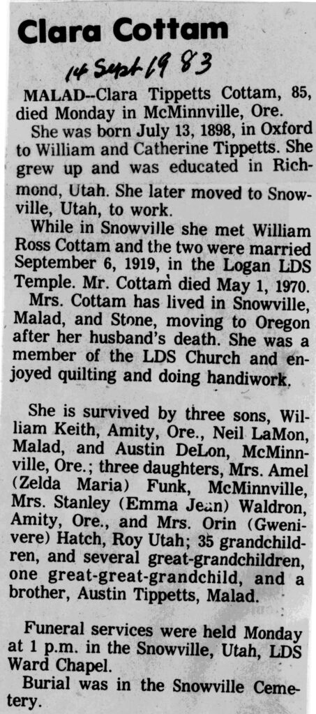 Clara Tippetts Cottam obit