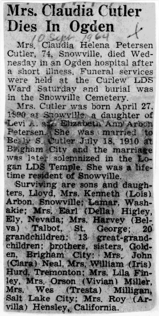 Claudia Helena Petersen Cutler obit