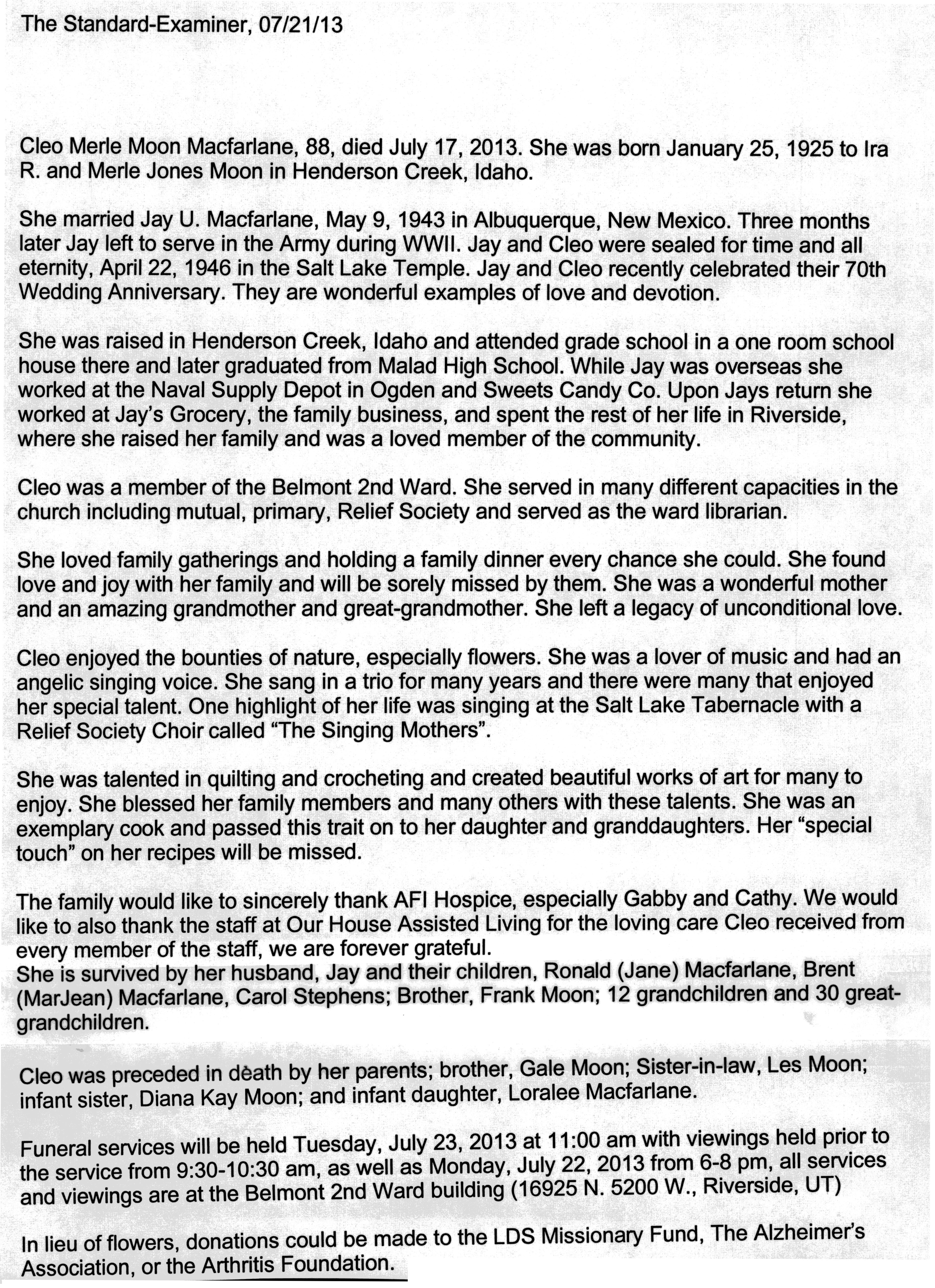 Cleo Merle Moon Macfarlane obit