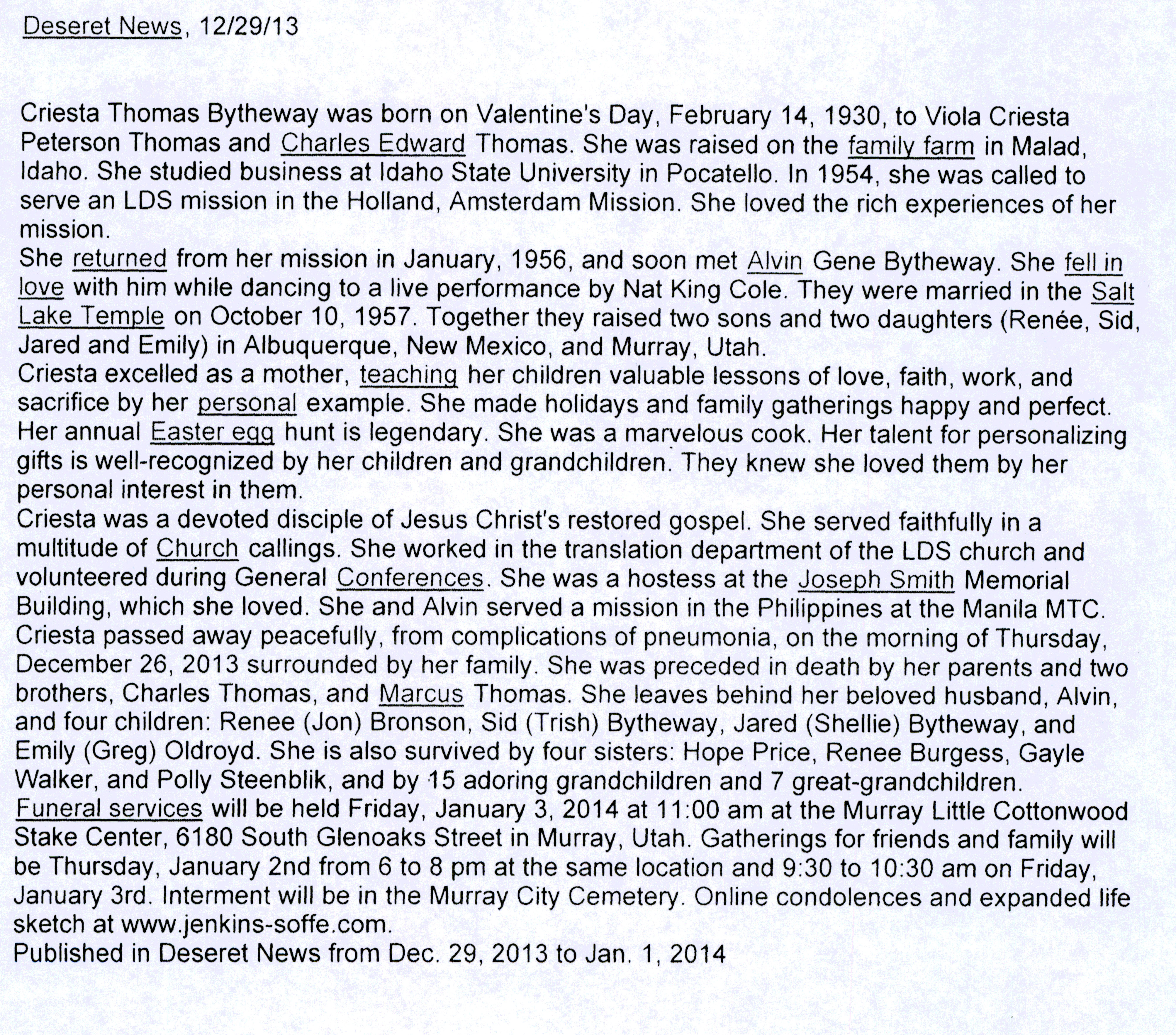 Criesta Thomas Bytheway obit