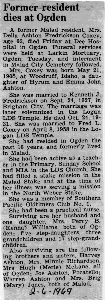 Della Ashton Fredrickson Coxey obit