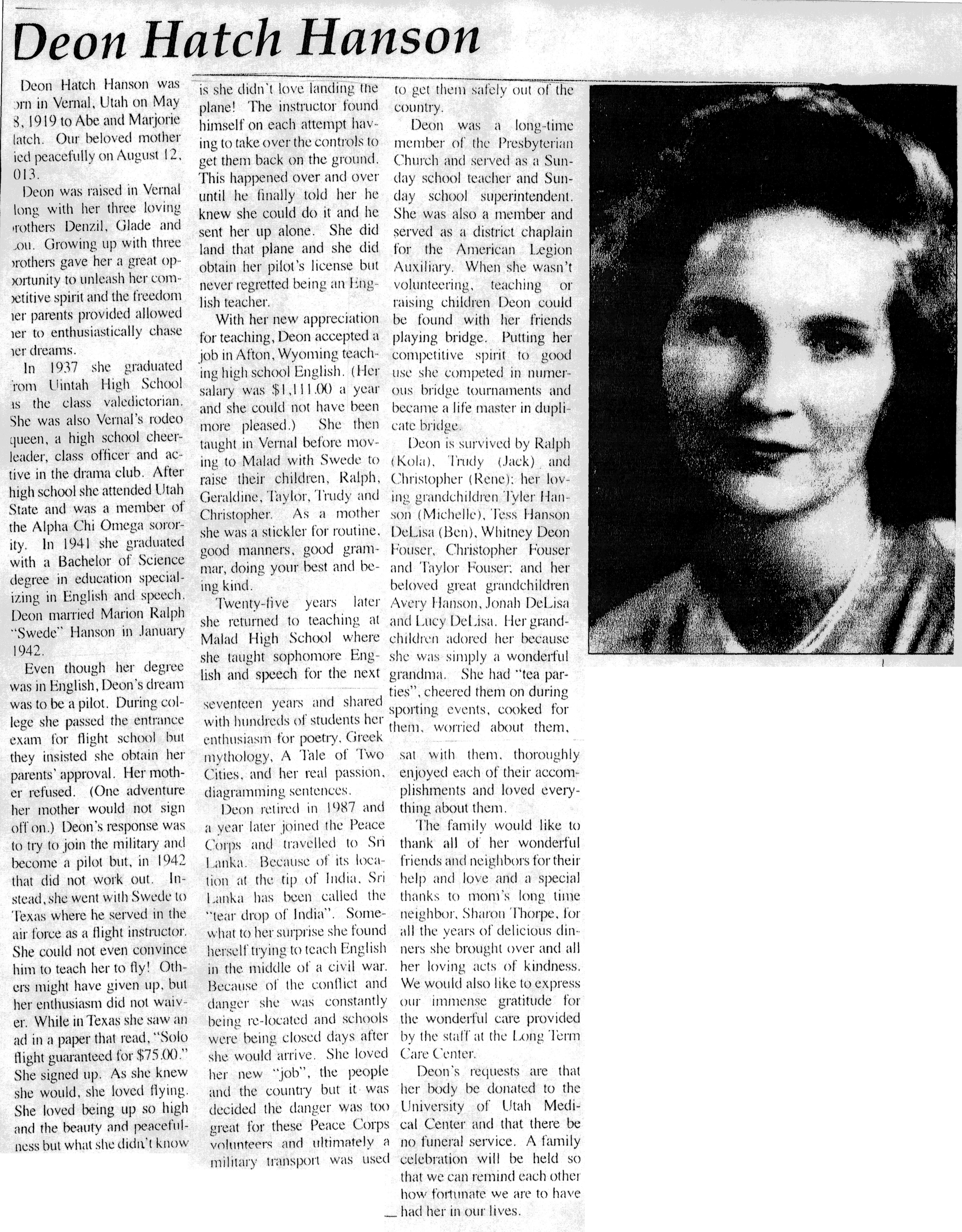 Deon Hatch Hanson obit