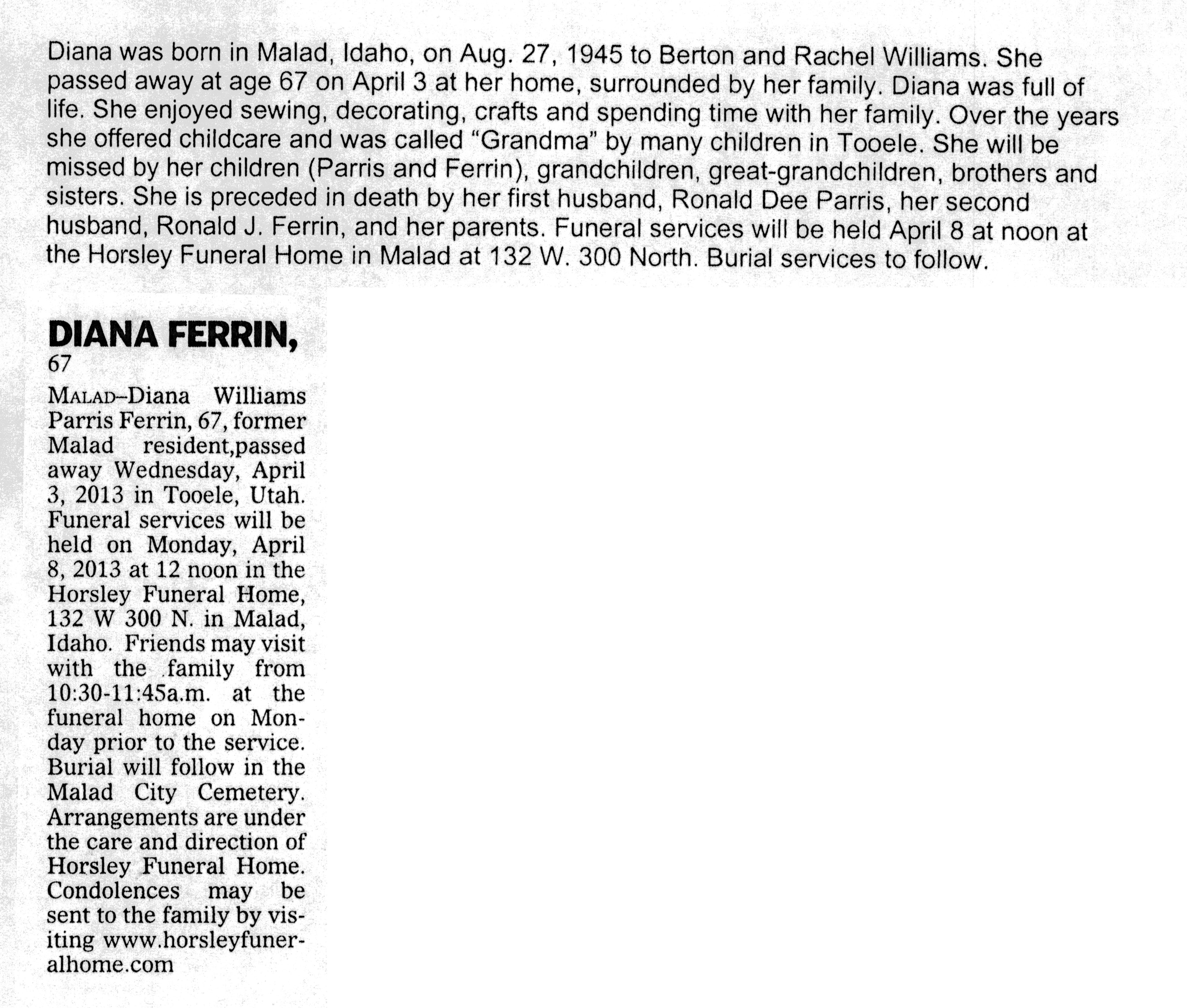 Diana Williams Parris Ferrin obit