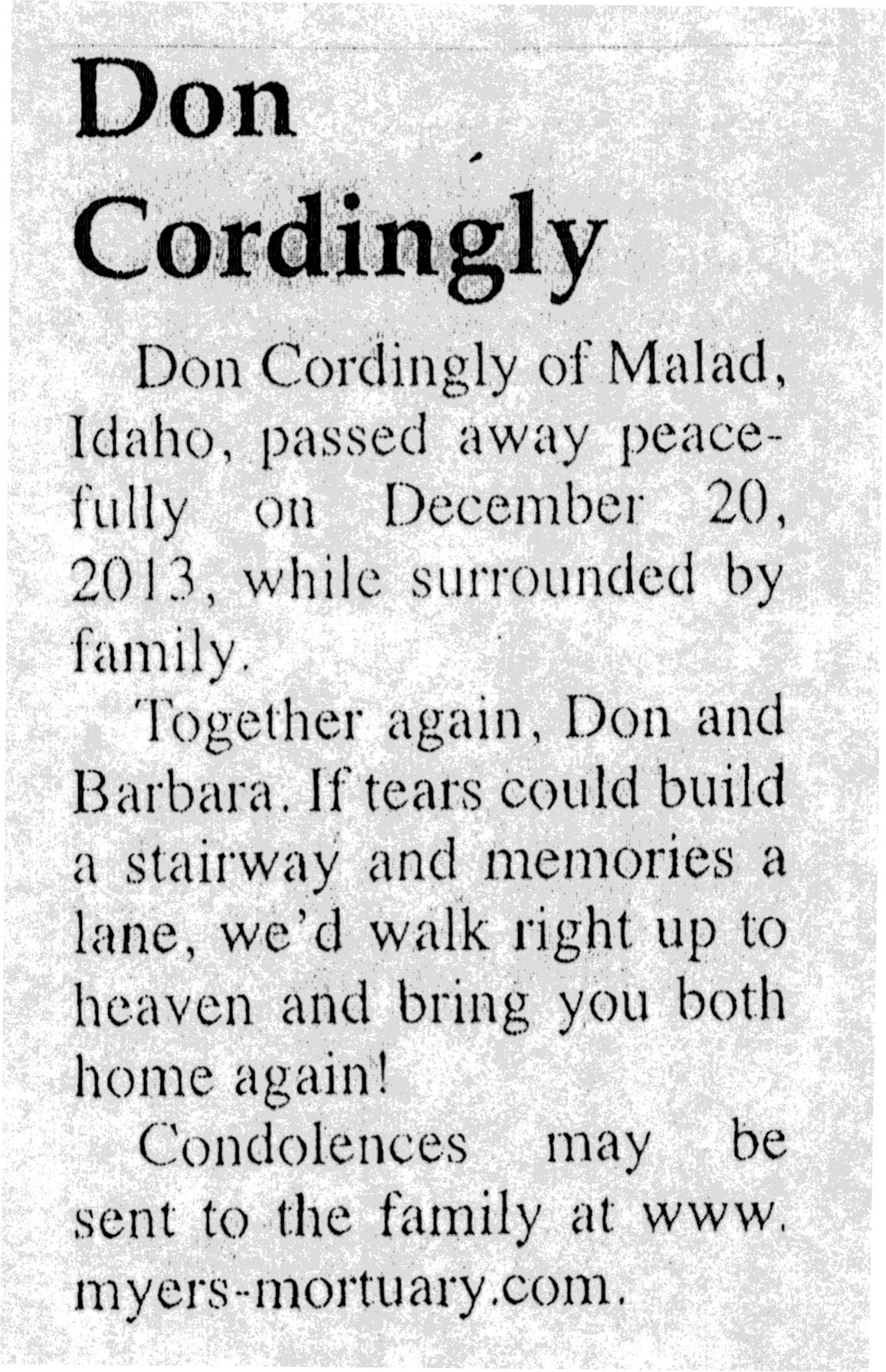 Don Cordingly death notice