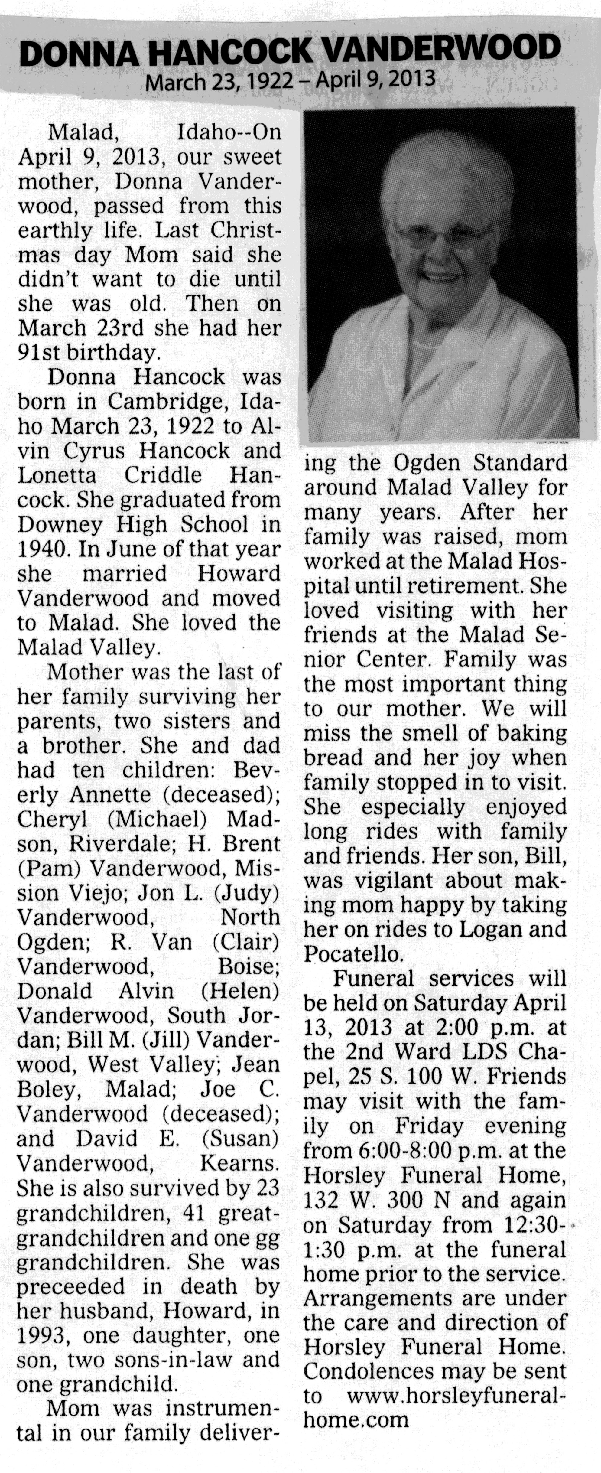 Donna Hancock Vanderwood obit