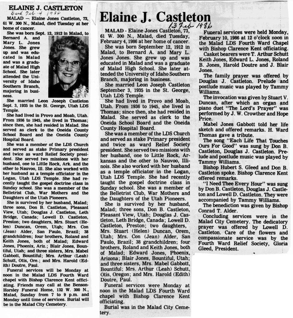 Elaine Jones Castleton obit and program