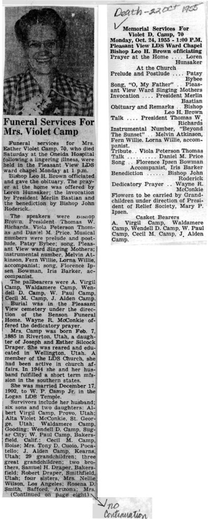 Esther Violet D Camp obit and funeral