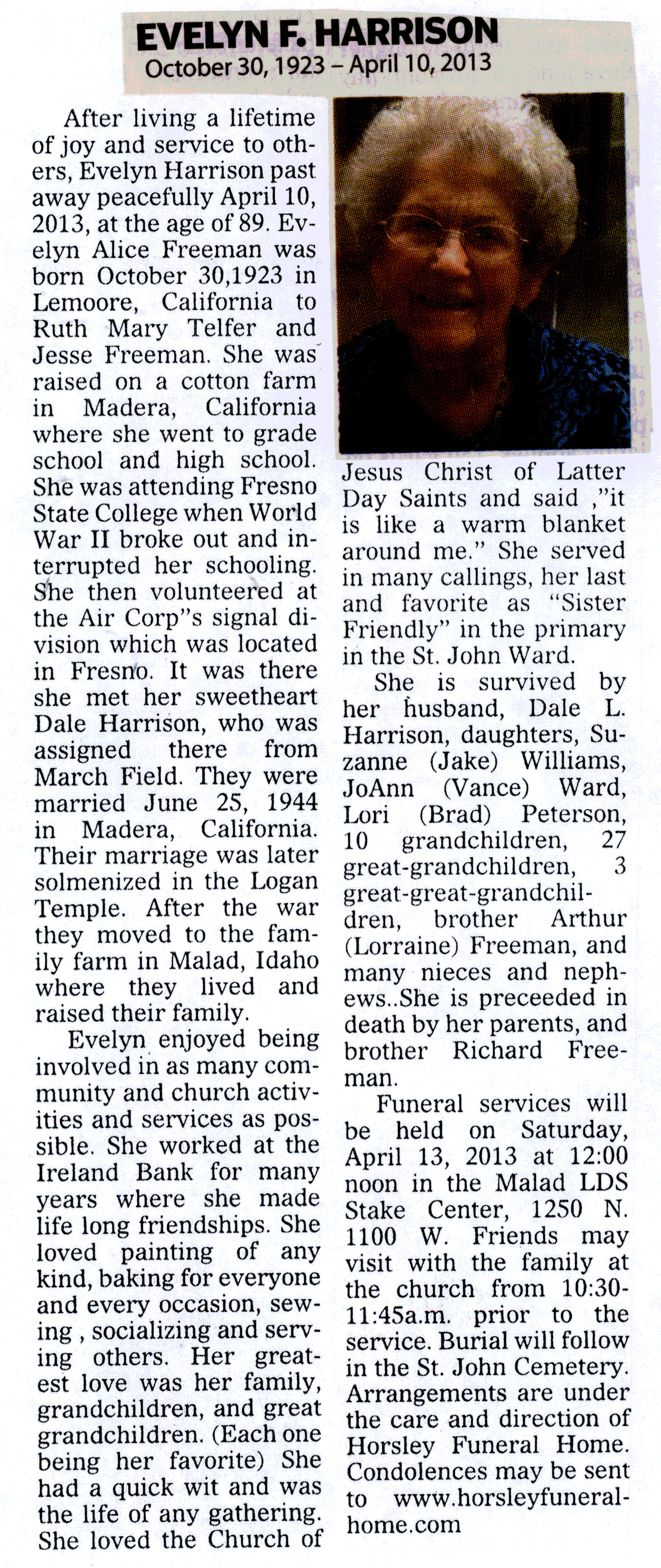 Evelyn F Harrison obit