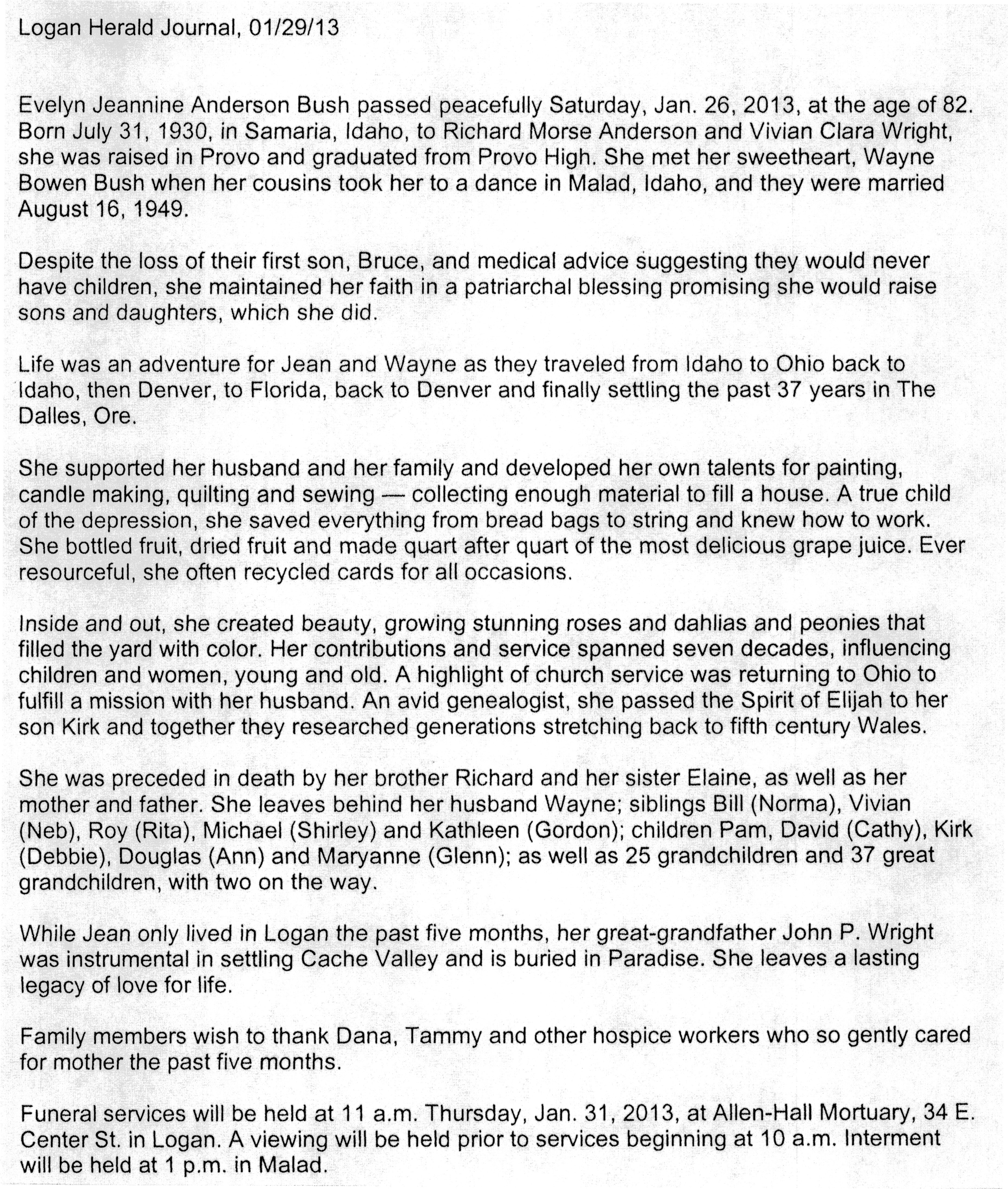 Evelyn Jeannine Anderson Bush obit