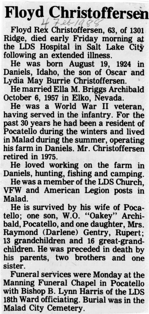 Floyd Rex Christoffersen obit