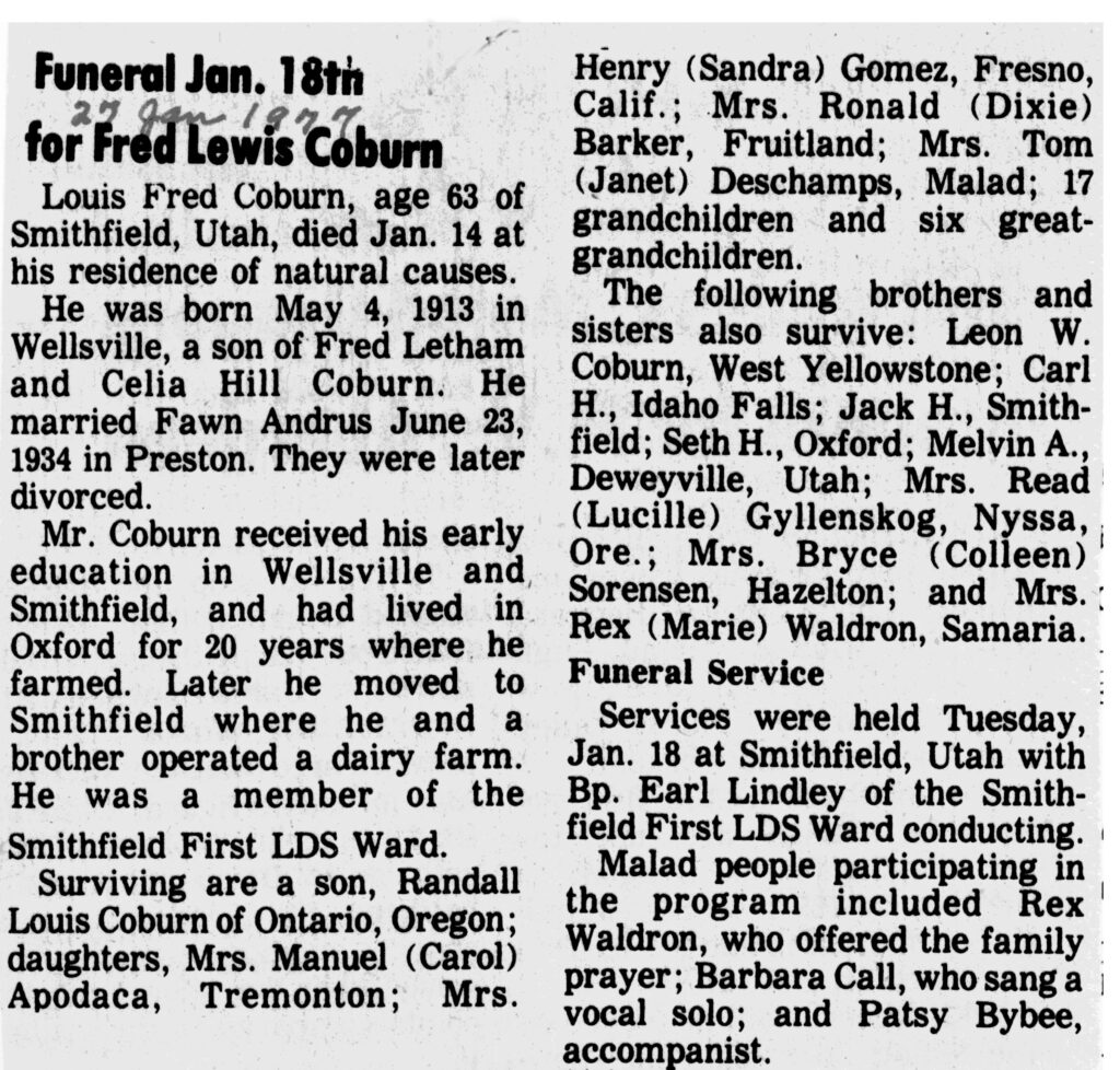 Fred Lewis Coburn obit and funeral
