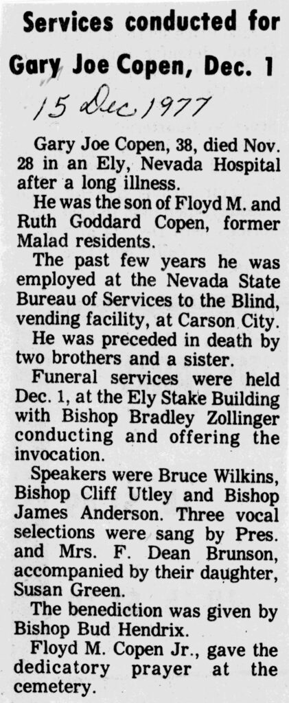 Gary Joe Copen obit