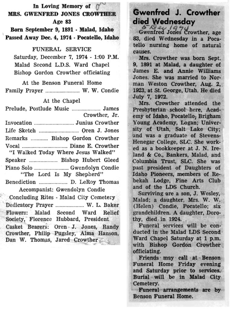 Gwenfred Jones Crowther obit and funeral
