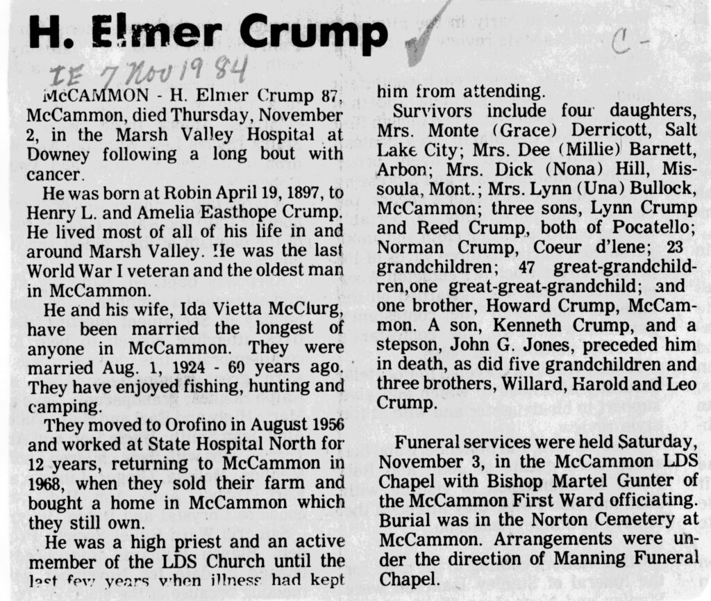 H Elmer Crump obit