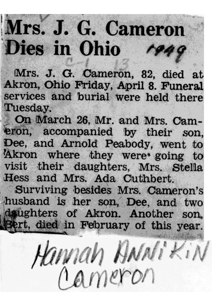 Hannah Annikin Cameron obit
