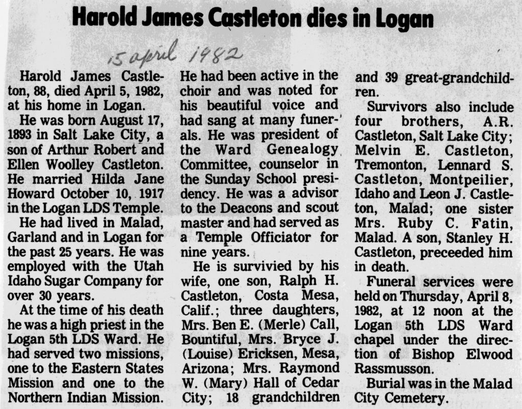 Harold James Castleton obit